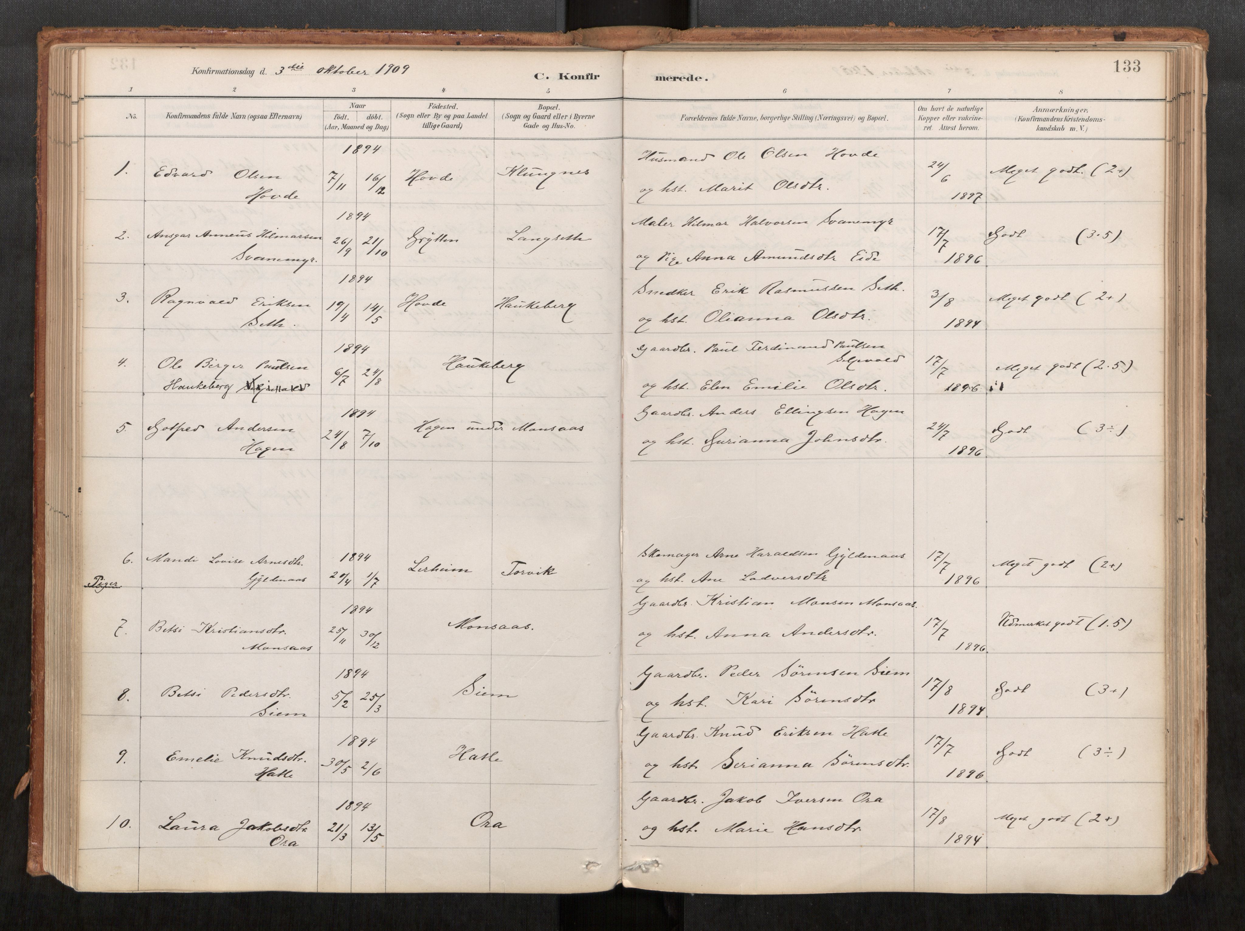 Ministerialprotokoller, klokkerbøker og fødselsregistre - Møre og Romsdal, AV/SAT-A-1454/542/L0553: Ministerialbok nr. 542A03, 1885-1925, s. 133