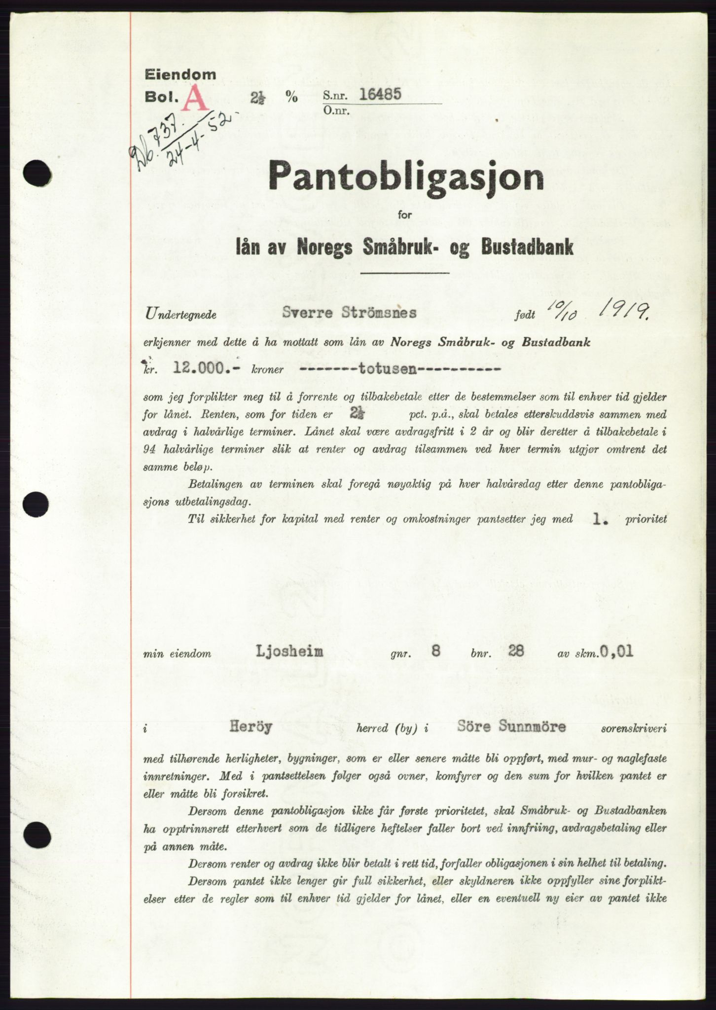 Søre Sunnmøre sorenskriveri, AV/SAT-A-4122/1/2/2C/L0121: Pantebok nr. 9B, 1951-1952, Dagboknr: 737/1952