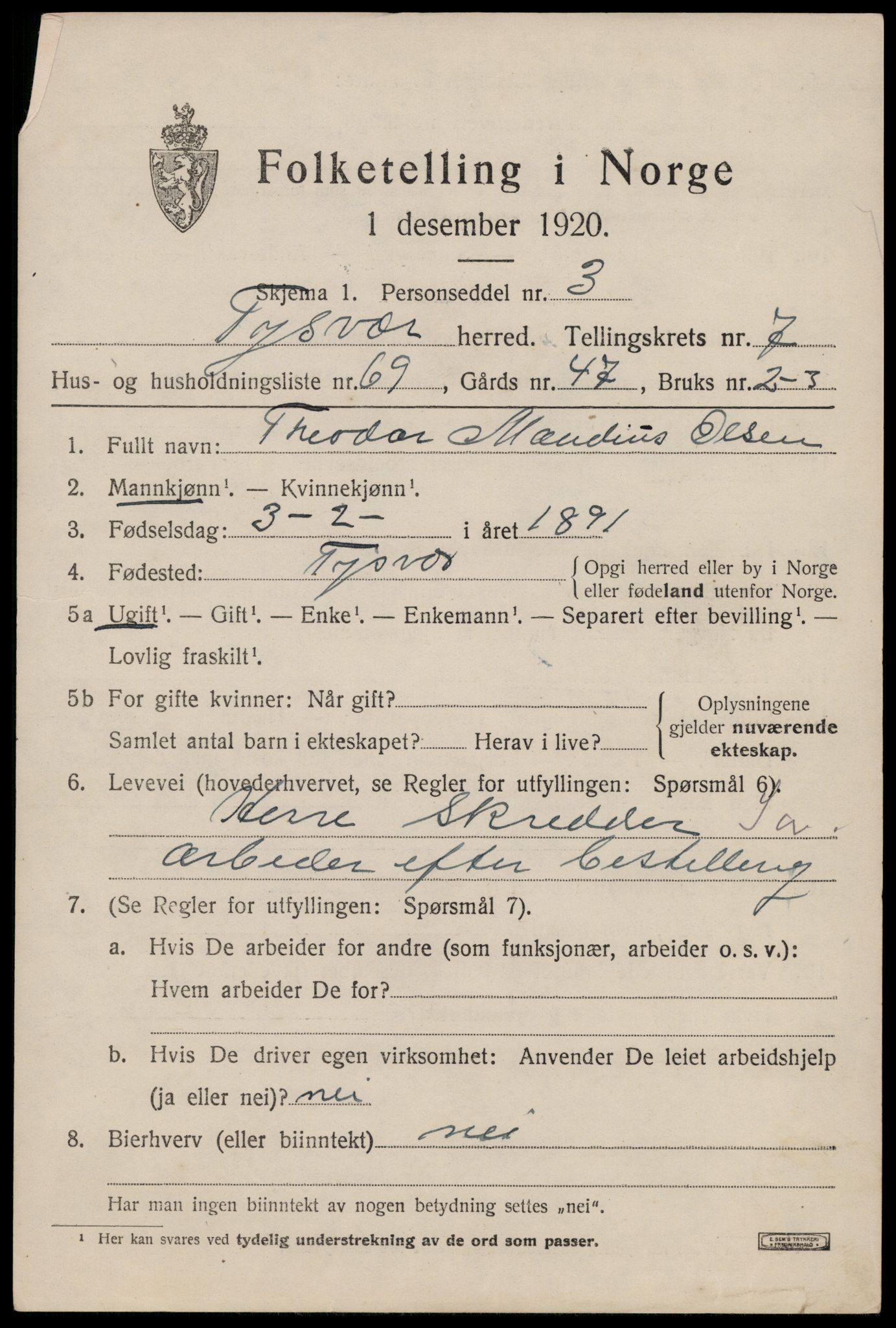 SAST, Folketelling 1920 for 1146 Tysvær herred, 1920, s. 3088