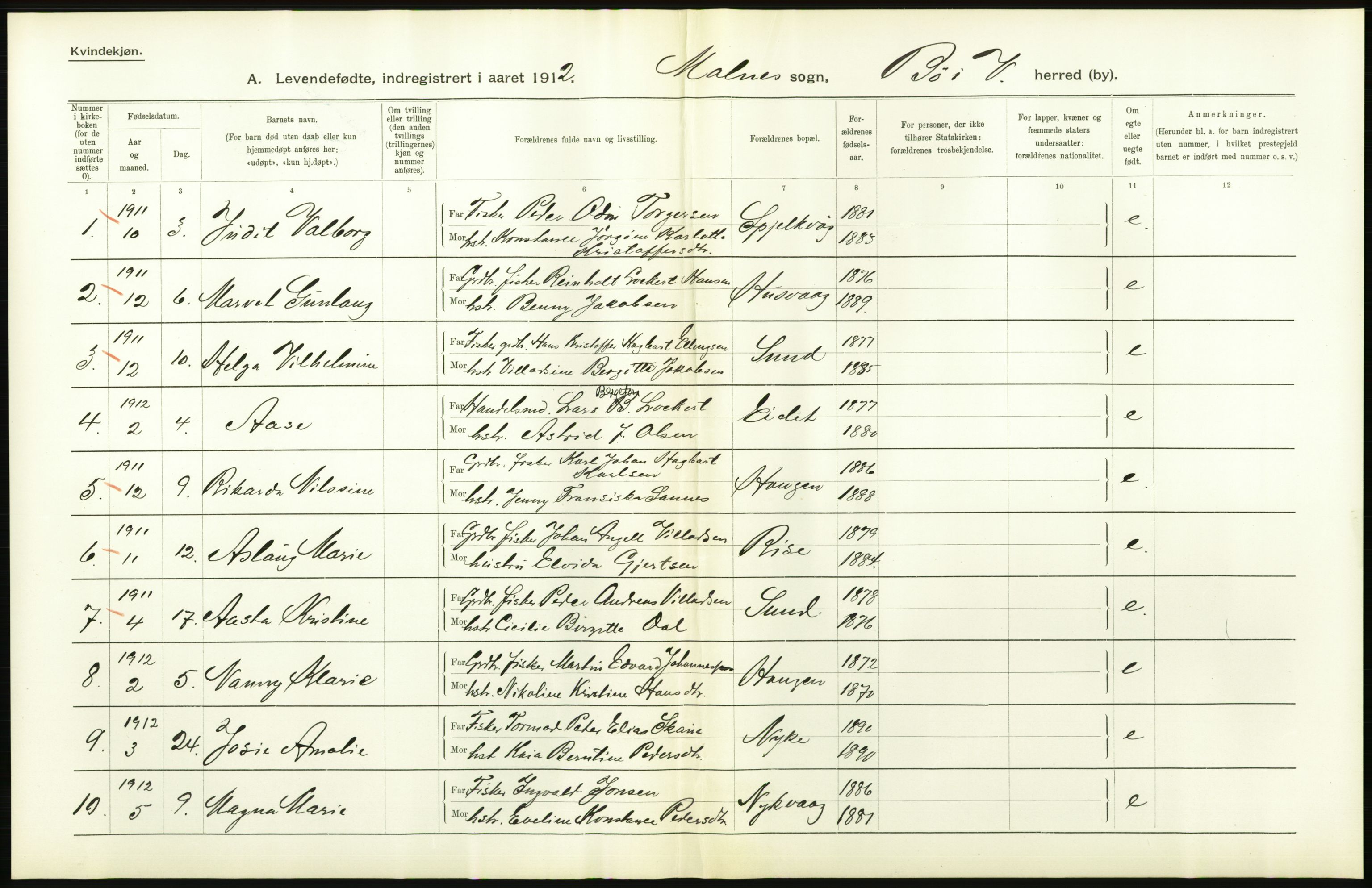 Statistisk sentralbyrå, Sosiodemografiske emner, Befolkning, AV/RA-S-2228/D/Df/Dfb/Dfbb/L0047: Nordlands amt: Levendefødte menn og kvinner. Bygder og byer samt gifte. bygder og byer., 1912, s. 280