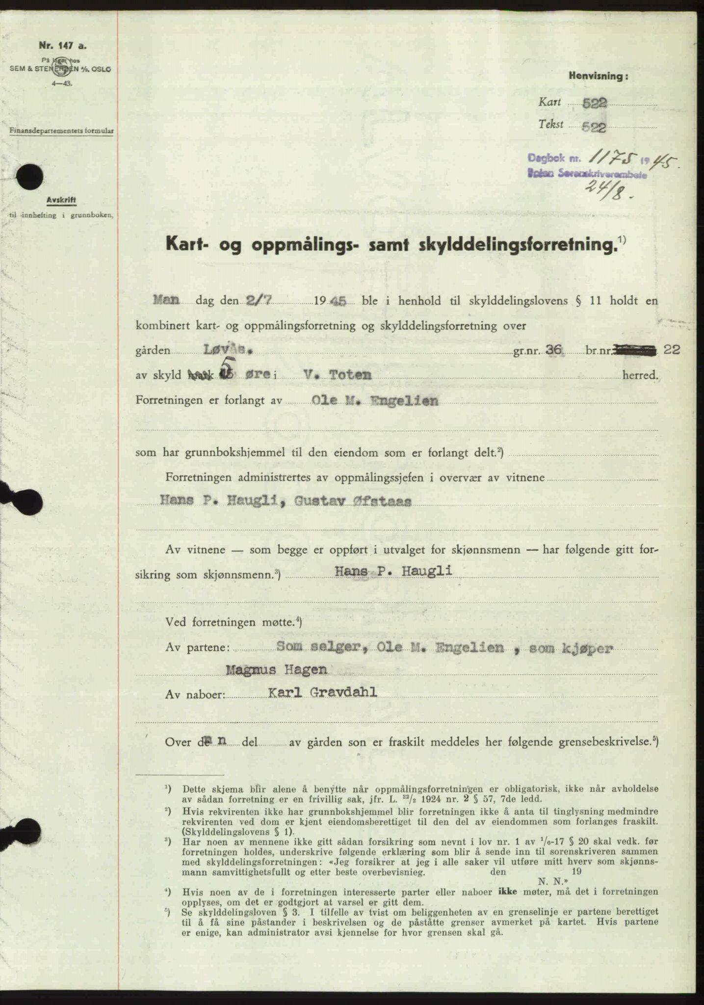 Toten tingrett, SAH/TING-006/H/Hb/Hbc/L0013: Pantebok nr. Hbc-13, 1945-1945, Dagboknr: 1175/1945