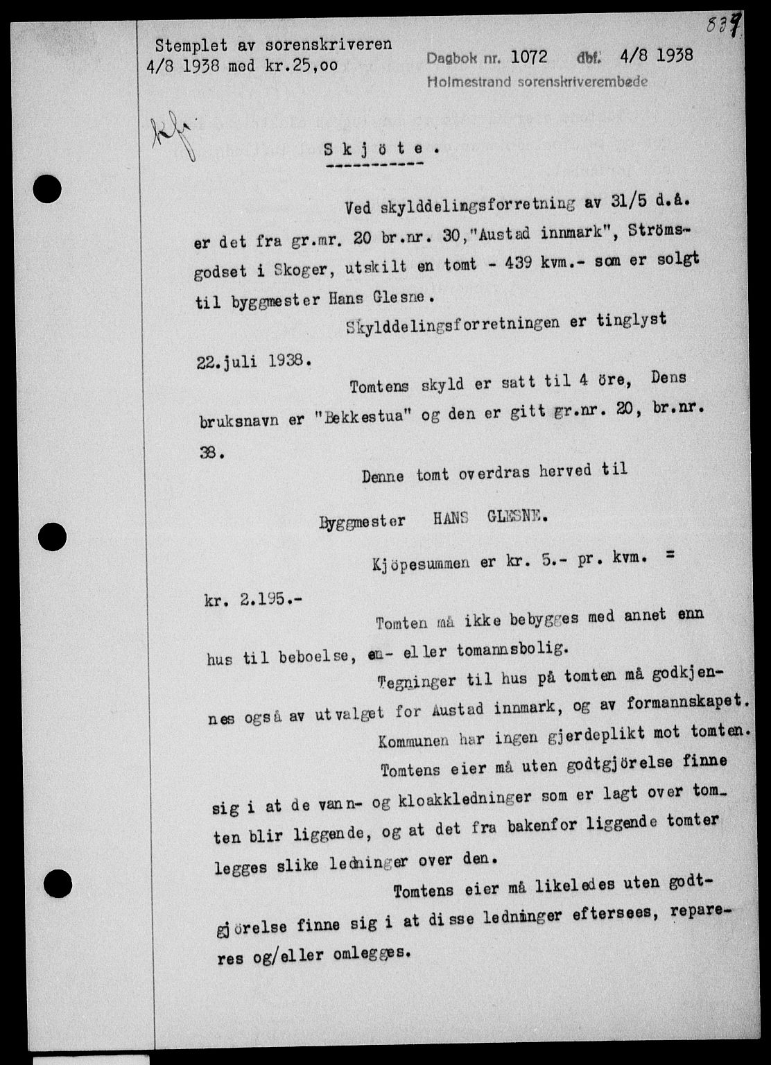 Holmestrand sorenskriveri, SAKO/A-67/G/Ga/Gaa/L0049: Pantebok nr. A-49, 1937-1938, Dagboknr: 1072/1938