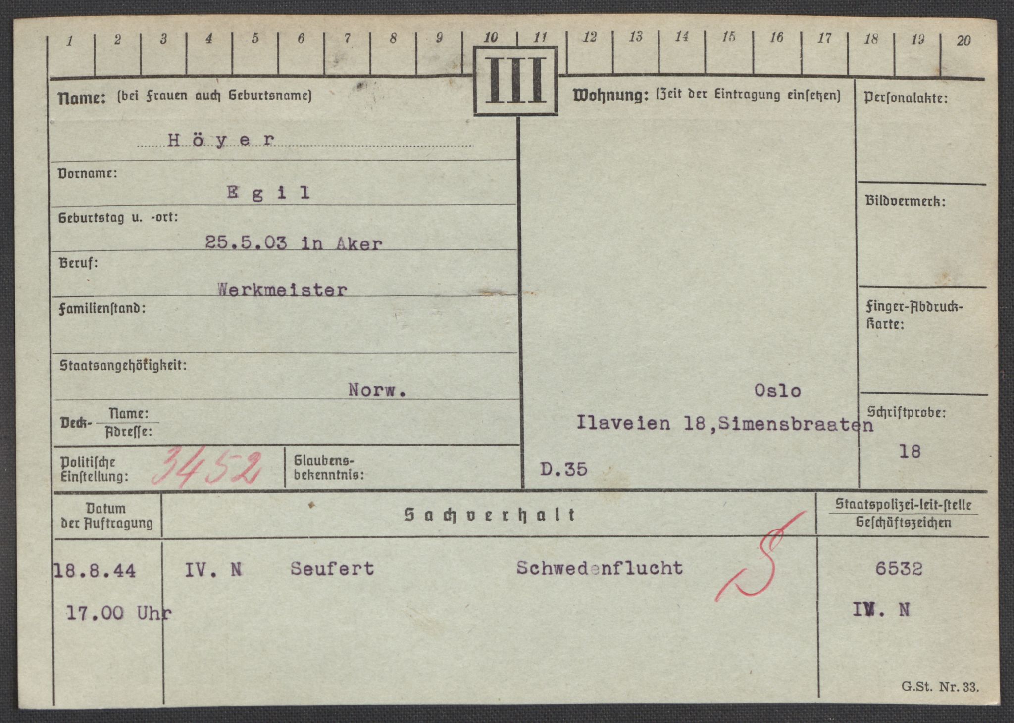 Befehlshaber der Sicherheitspolizei und des SD, AV/RA-RAFA-5969/E/Ea/Eaa/L0005: Register over norske fanger i Møllergata 19: Hø-Kj, 1940-1945, s. 74