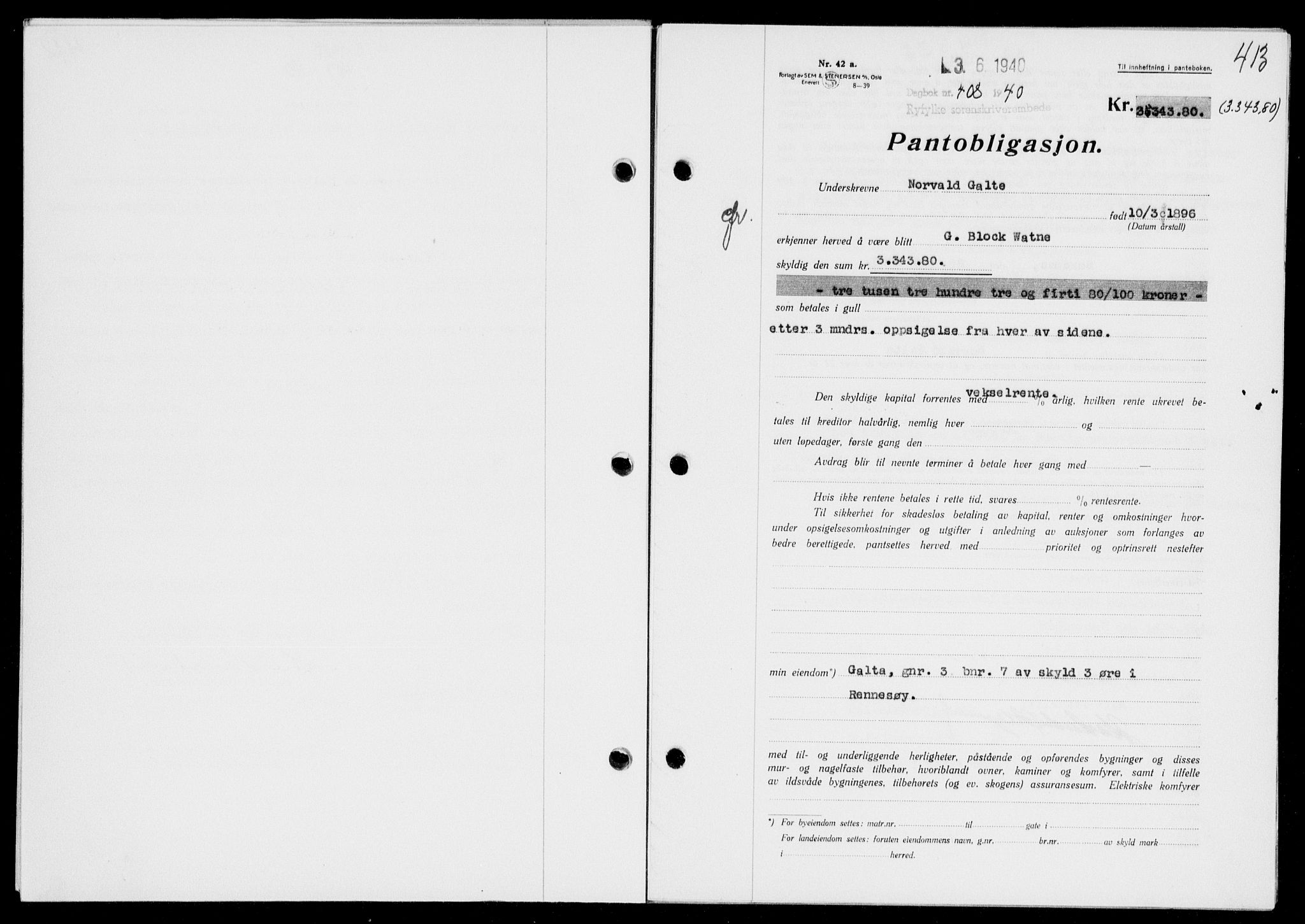 Ryfylke tingrett, SAST/A-100055/001/II/IIB/L0081: Pantebok nr. 60, 1939-1940, Dagboknr: 408/1940