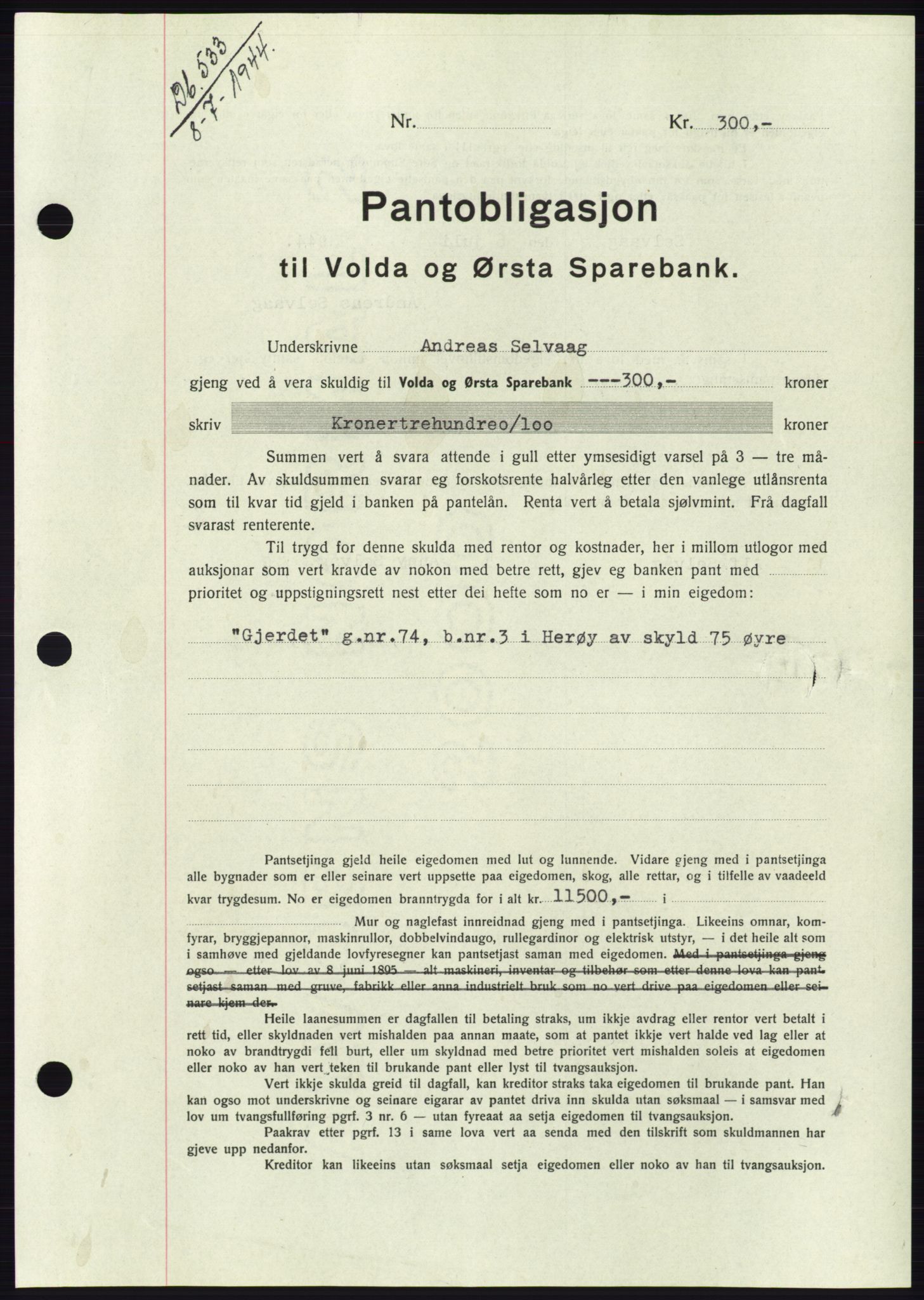 Søre Sunnmøre sorenskriveri, AV/SAT-A-4122/1/2/2C/L0114: Pantebok nr. 1-2B, 1943-1947, Dagboknr: 533/1944