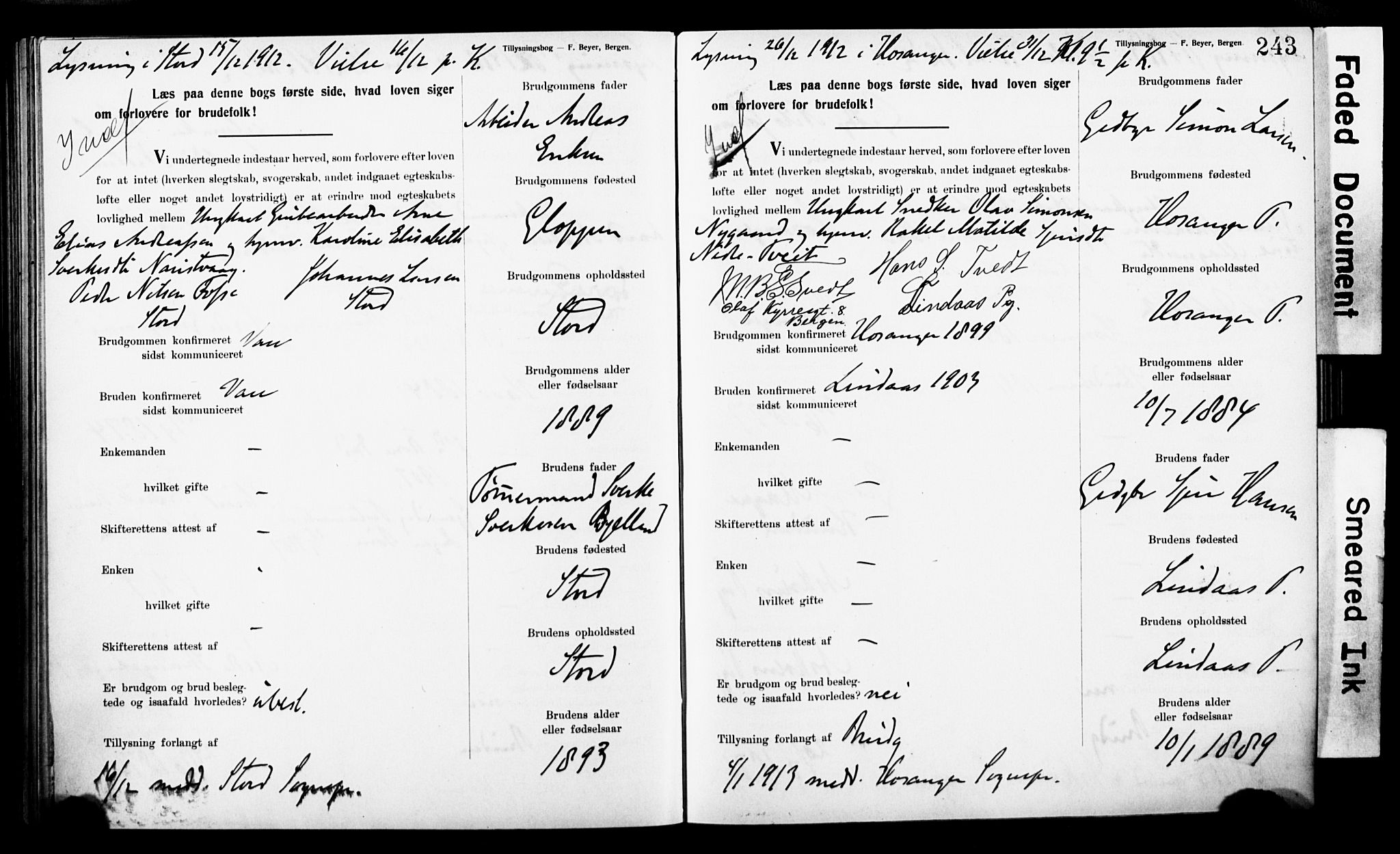 Korskirken sokneprestembete, SAB/A-76101: Forlovererklæringer nr. II.5.9, 1908-1914, s. 243