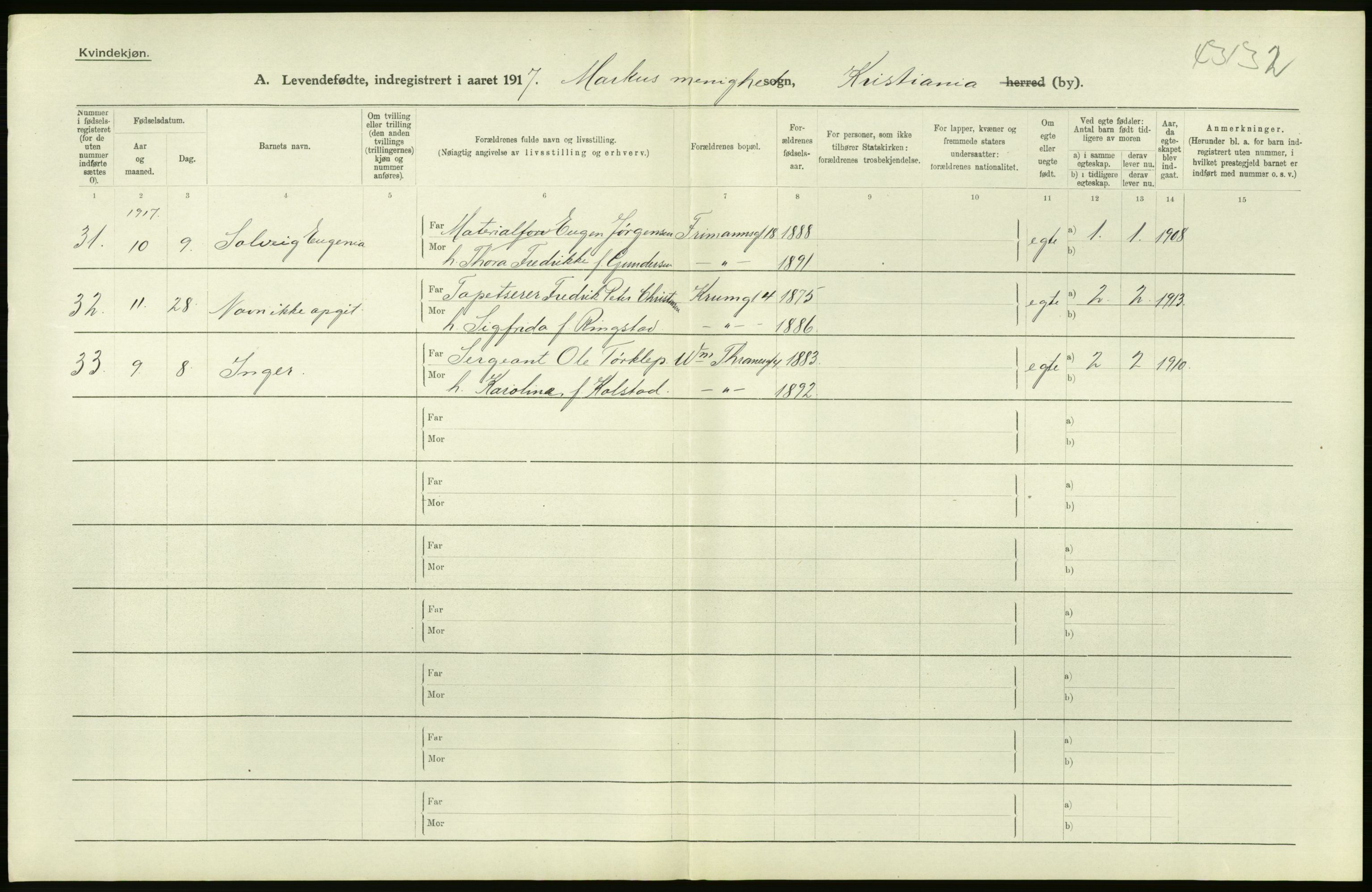 Statistisk sentralbyrå, Sosiodemografiske emner, Befolkning, RA/S-2228/D/Df/Dfb/Dfbg/L0007: Kristiania: Levendefødte menn og kvinner., 1917, s. 220