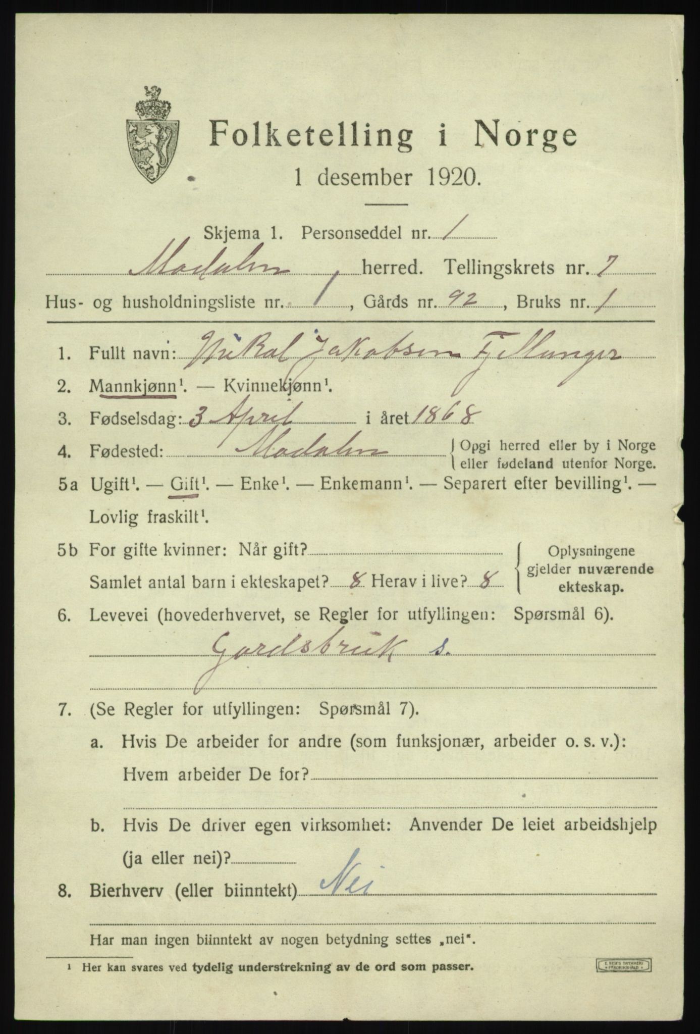 SAB, Folketelling 1920 for 1252 Modalen herred, 1920, s. 1380