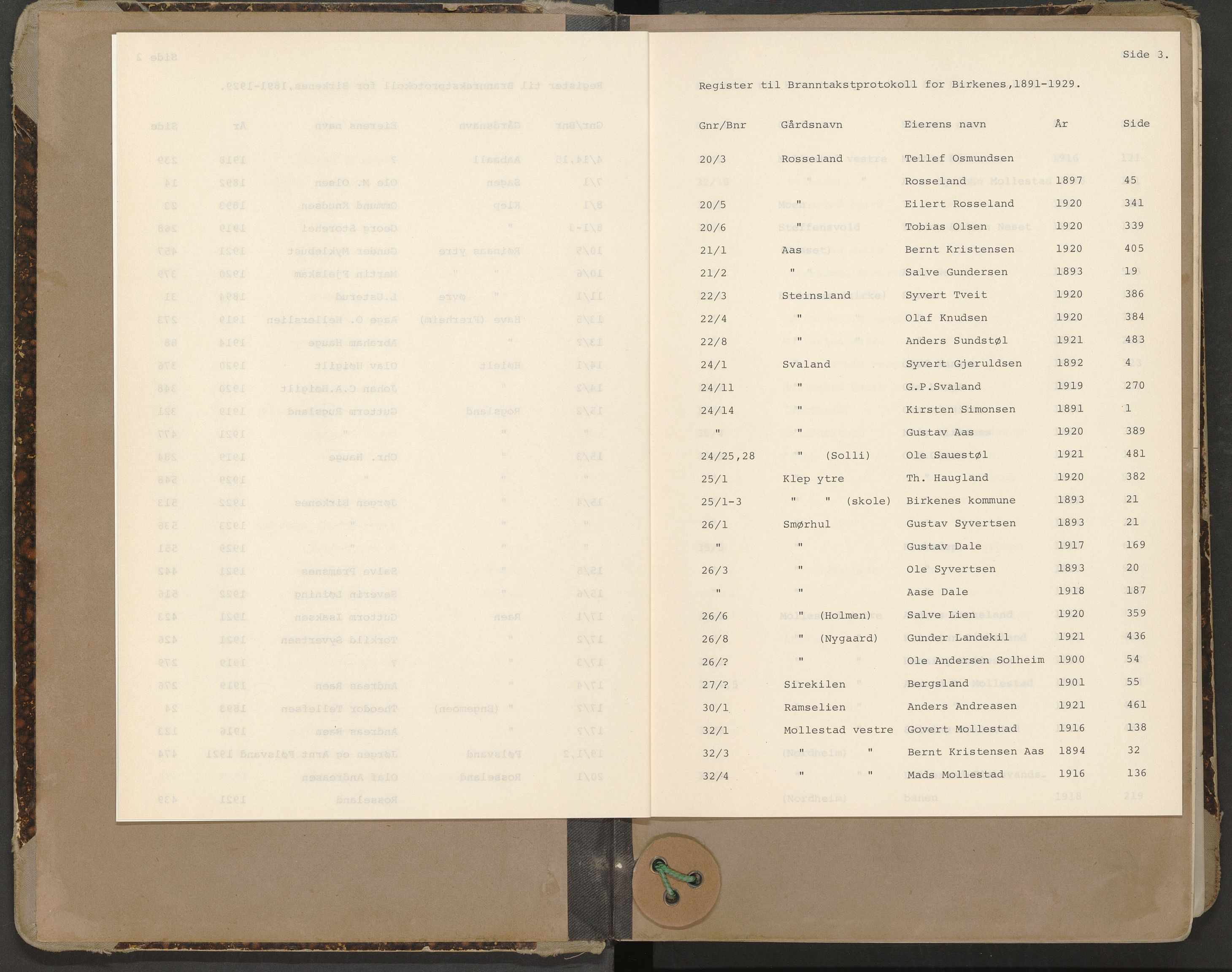 Norges Brannkasse Birkenes, AV/SAK-2241-0005/F/Fa/L0002: Branntakstprotokoll nr. 2 med gårdsnavnregister, 1891-1929