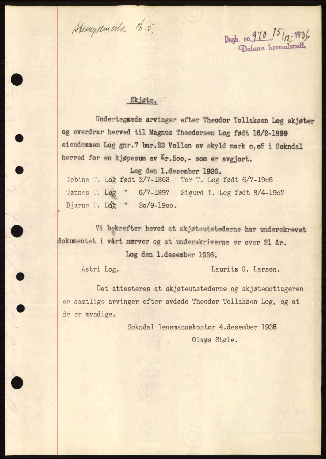 Dalane sorenskriveri, SAST/A-100309/02/G/Gb/L0041: Pantebok nr. A2, 1936-1937, Dagboknr: 970/1936