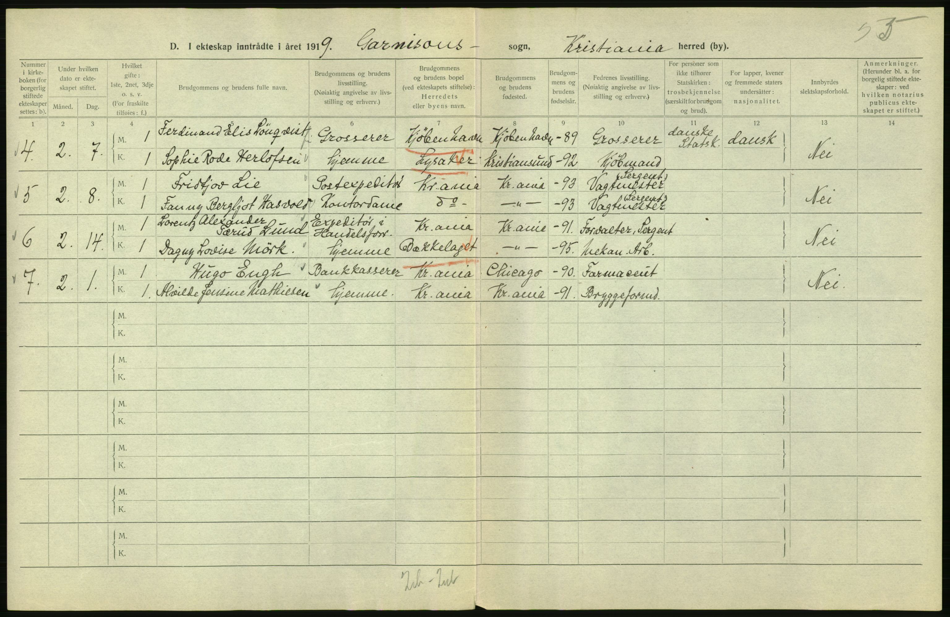 Statistisk sentralbyrå, Sosiodemografiske emner, Befolkning, AV/RA-S-2228/D/Df/Dfb/Dfbi/L0009: Kristiania: Gifte, 1919, s. 758