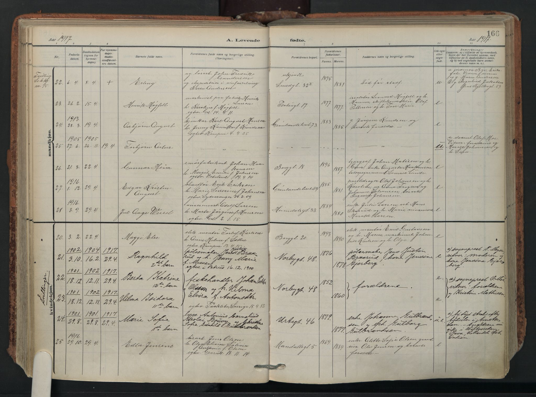 Grønland prestekontor Kirkebøker, AV/SAO-A-10848/F/Fa/L0018: Ministerialbok nr. 18, 1911-1945, s. 166