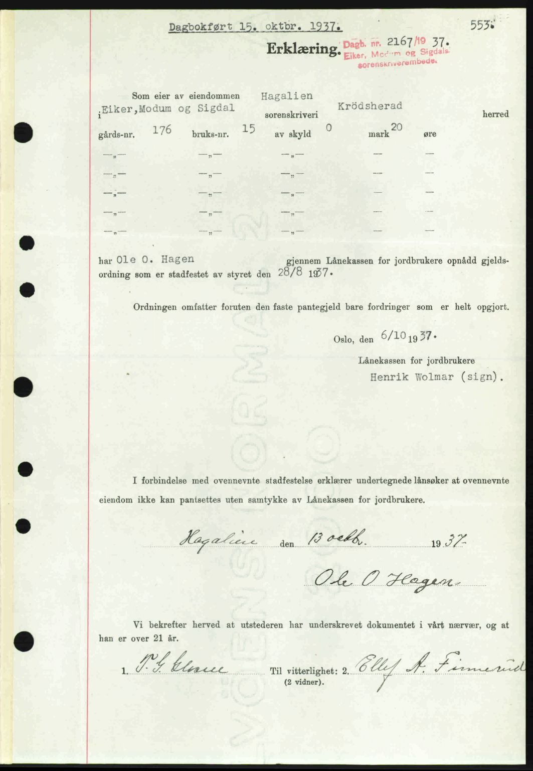 Eiker, Modum og Sigdal sorenskriveri, SAKO/A-123/G/Ga/Gab/L0036: Pantebok nr. A6, 1937-1937, Dagboknr: 2167/1937