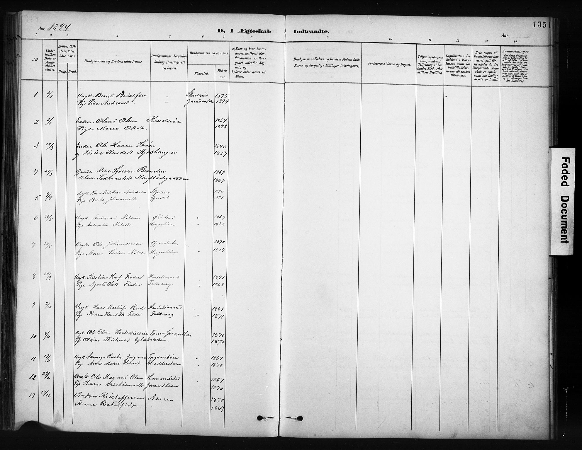 Nordre Land prestekontor, SAH/PREST-124/H/Ha/Hab/L0012: Klokkerbok nr. 12, 1891-1909, s. 135