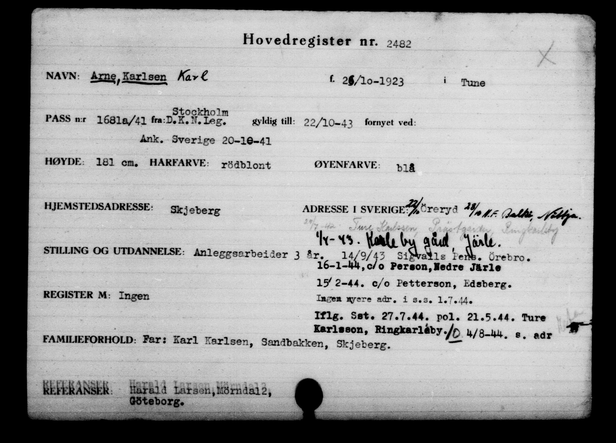 Utenriksstasjonene, Legasjonen i Stockholm, Flyktningkontoret, AV/RA-S-6753/V/Va/L0003: Kjesäterkartoteket, flyktninger med registreringsnr. 2001-3495, 1940-1945, s. 817