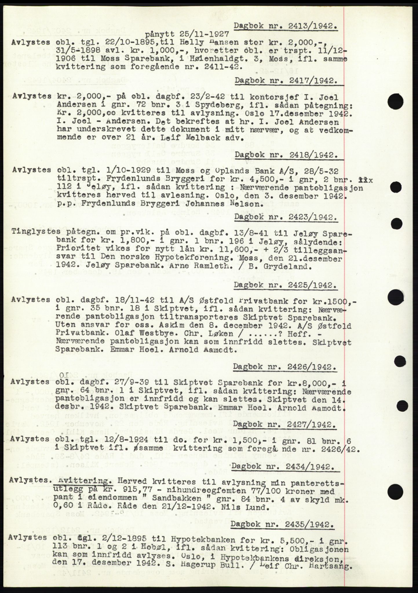 Moss sorenskriveri, SAO/A-10168: Pantebok nr. C10, 1938-1950, Dagboknr: 2413/1942