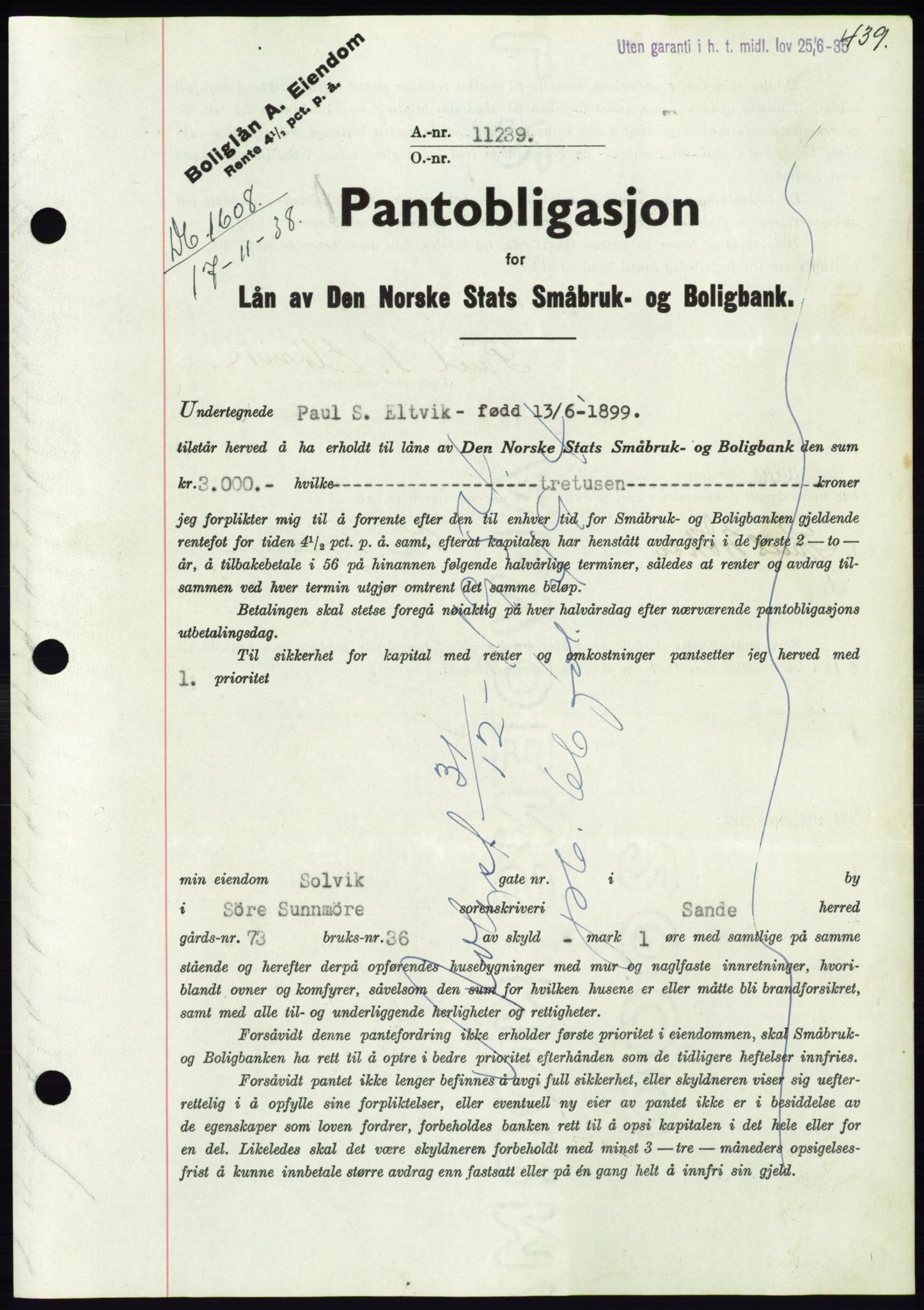 Søre Sunnmøre sorenskriveri, AV/SAT-A-4122/1/2/2C/L0066: Pantebok nr. 60, 1938-1938, Dagboknr: 1608/1938