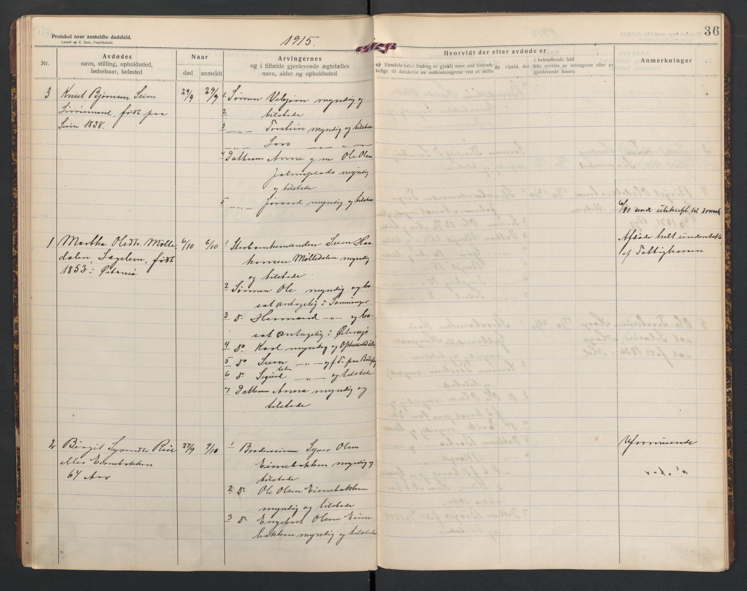 Hol lensmannskontor, AV/SAKO-A-512/H/Ha/L0004: Dødsanmeldelsesprotokoll, 1911-1916, s. 36