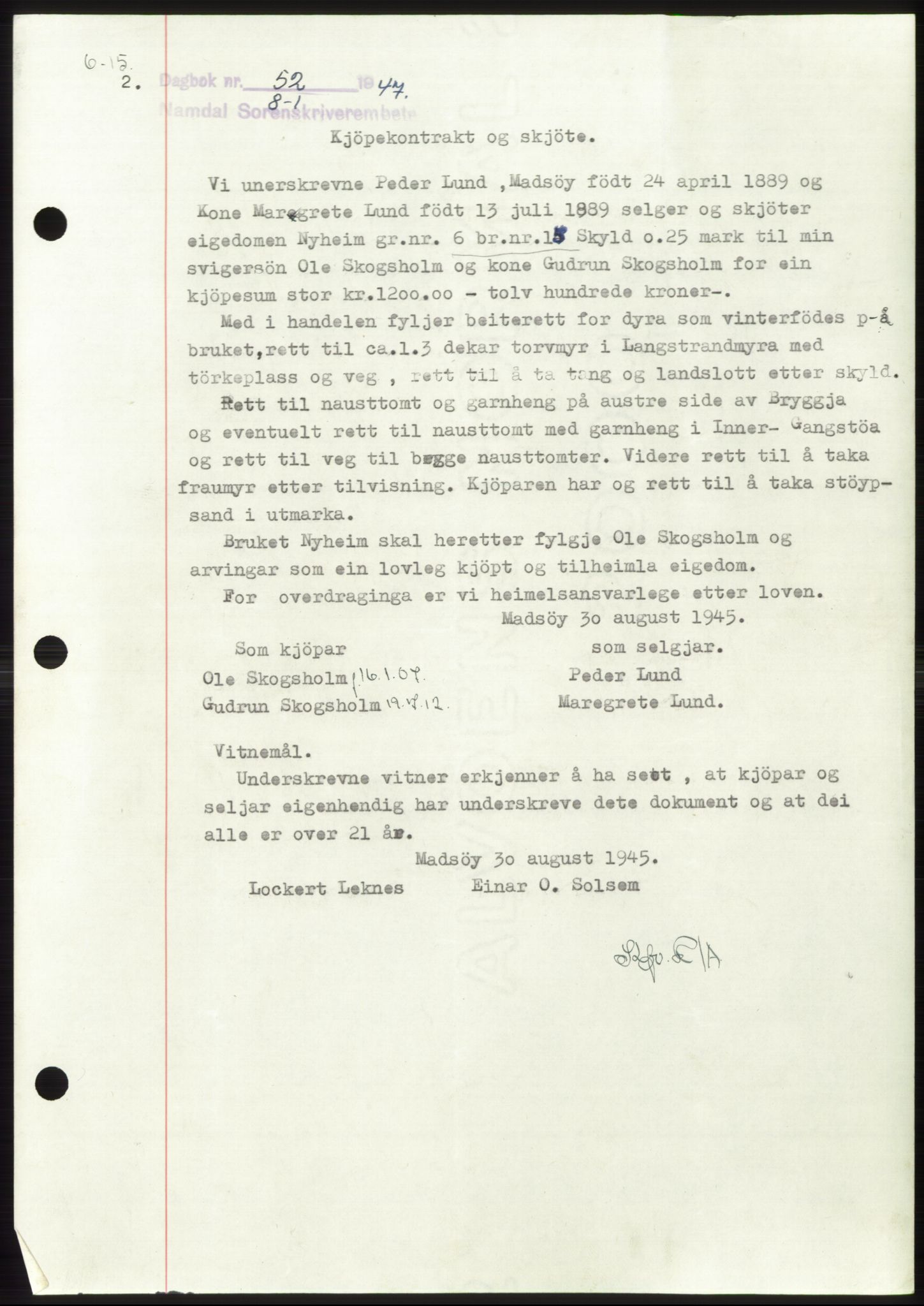 Namdal sorenskriveri, SAT/A-4133/1/2/2C: Pantebok nr. -, 1946-1947, Dagboknr: 52/1947