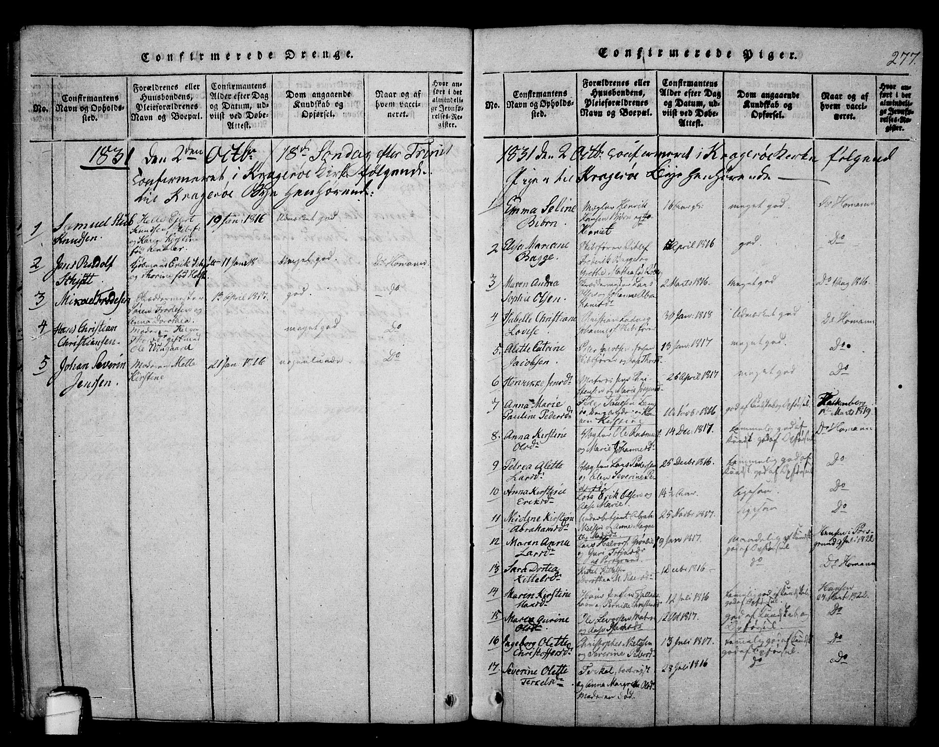 Kragerø kirkebøker, AV/SAKO-A-278/F/Fa/L0004: Ministerialbok nr. 4, 1814-1831, s. 277