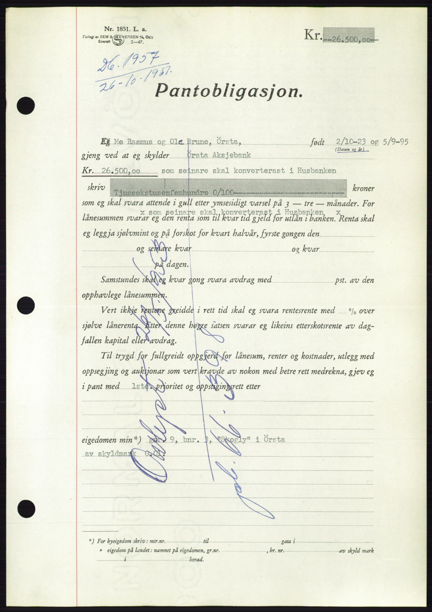 Søre Sunnmøre sorenskriveri, SAT/A-4122/1/2/2C/L0120: Pantebok nr. 8B, 1951-1951, Dagboknr: 1957/1951