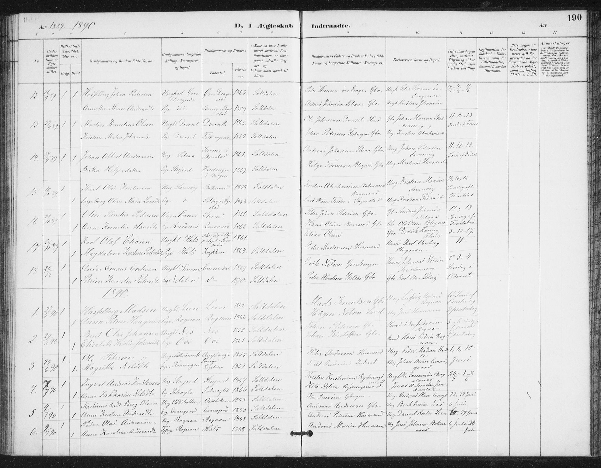 Ministerialprotokoller, klokkerbøker og fødselsregistre - Nordland, AV/SAT-A-1459/847/L0682: Klokkerbok nr. 847C10, 1889-1907, s. 190
