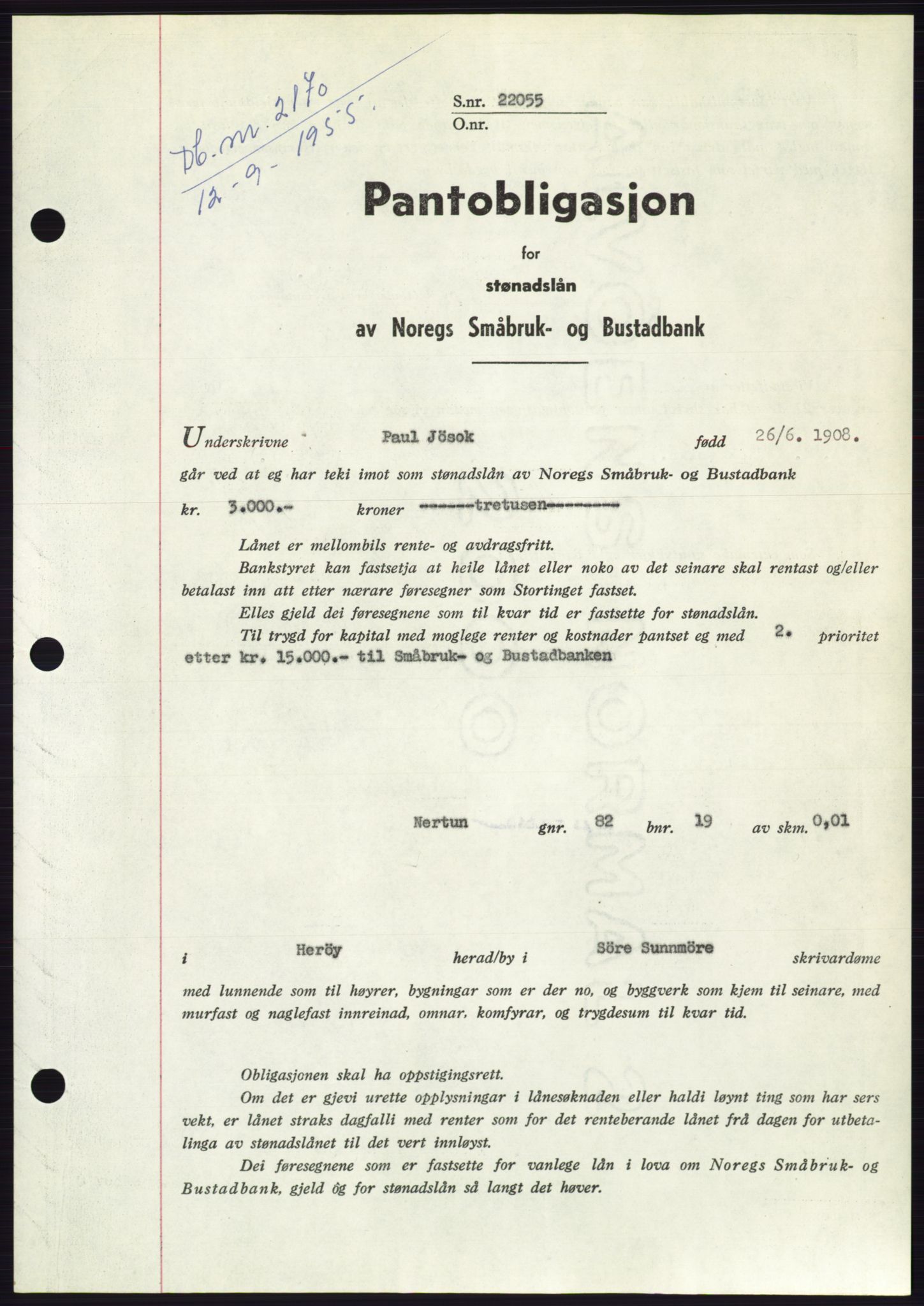 Søre Sunnmøre sorenskriveri, SAT/A-4122/1/2/2C/L0127: Pantebok nr. 15B, 1955-1955, Dagboknr: 2170/1955