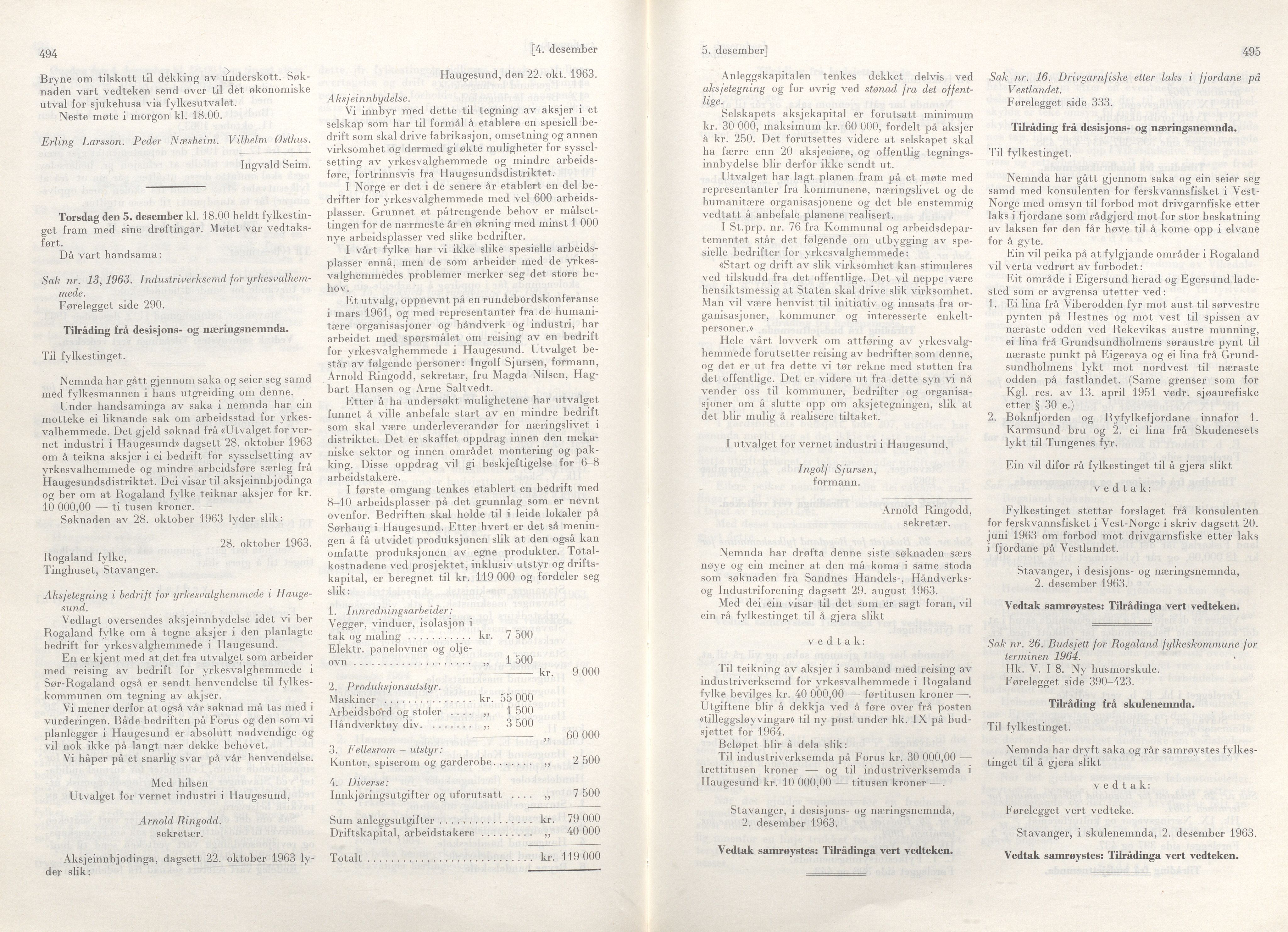 Rogaland fylkeskommune - Fylkesrådmannen , IKAR/A-900/A/Aa/Aaa/L0083: Møtebok , 1963, s. 494-495