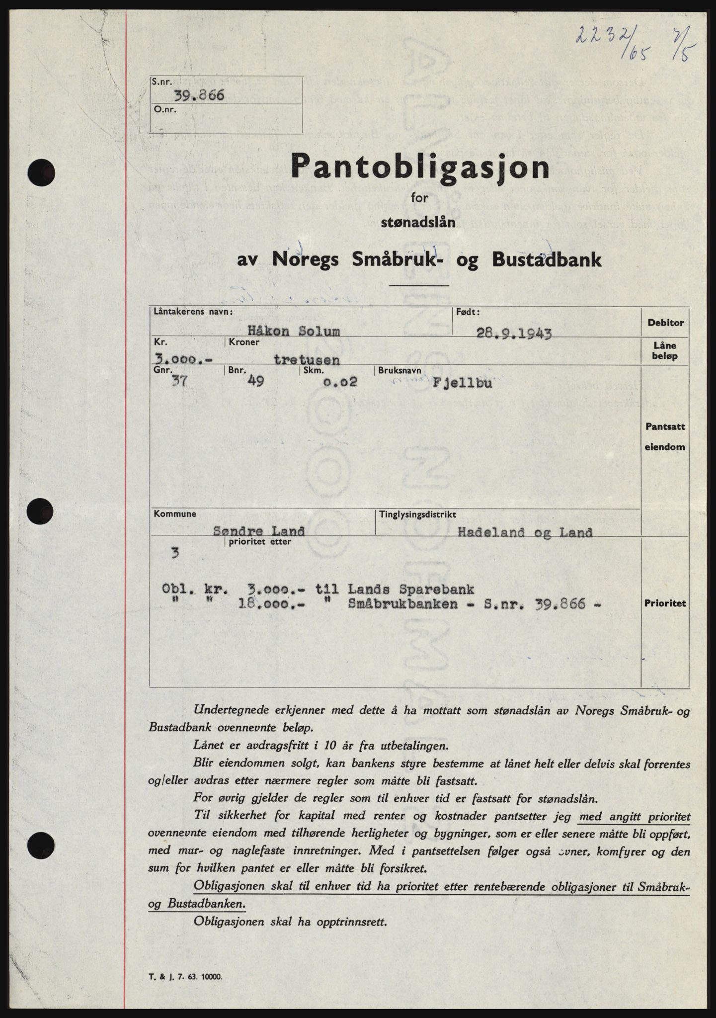 Hadeland og Land tingrett, SAH/TING-010/H/Hb/Hbc/L0058: Pantebok nr. B58, 1965-1965, Dagboknr: 2232/1965