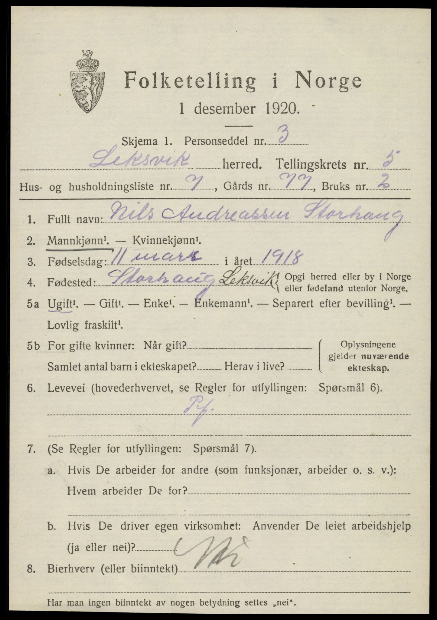 SAT, Folketelling 1920 for 1718 Leksvik herred, 1920, s. 4894