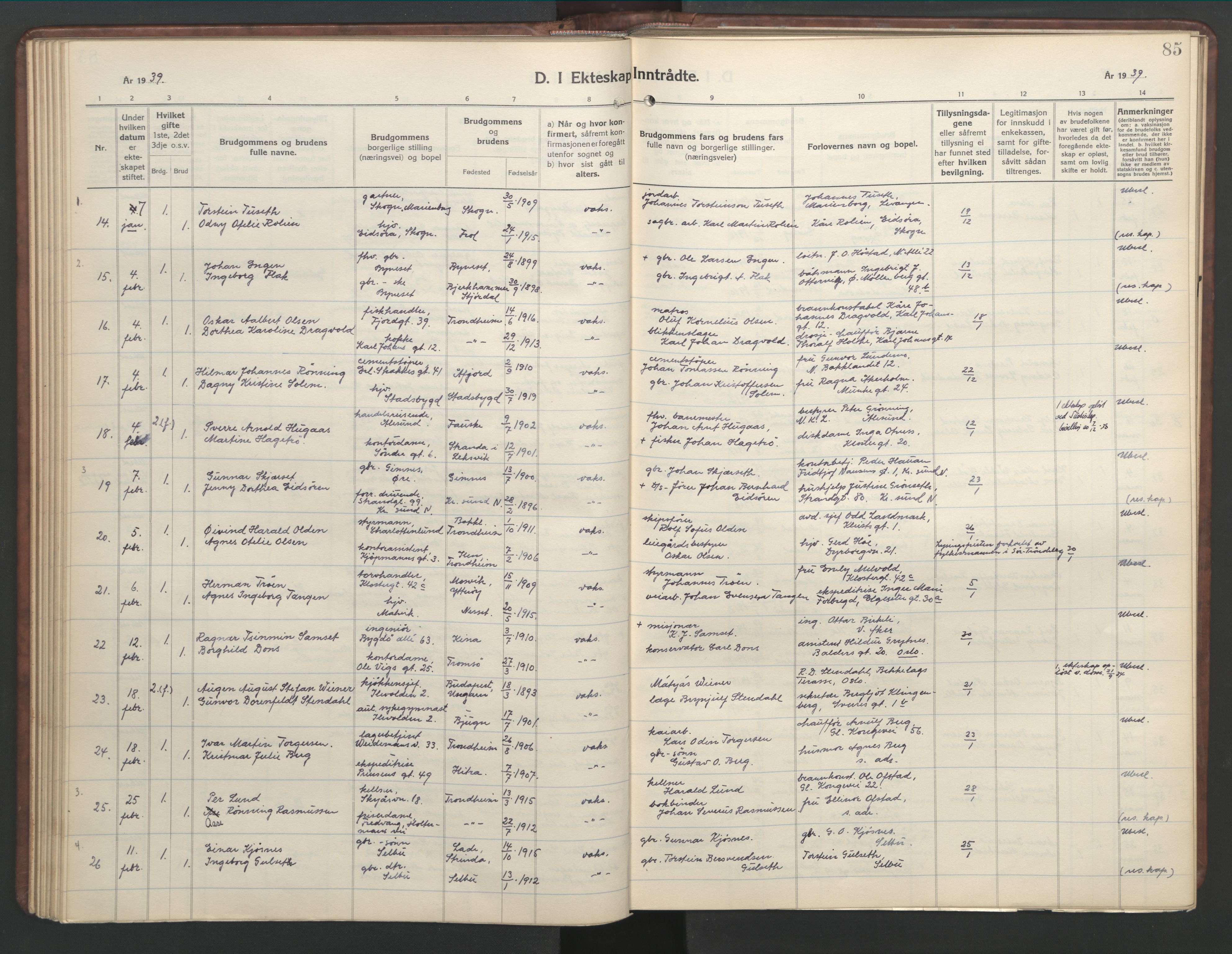 Ministerialprotokoller, klokkerbøker og fødselsregistre - Sør-Trøndelag, SAT/A-1456/601/L0101: Klokkerbok nr. 601C19, 1935-1946, s. 85