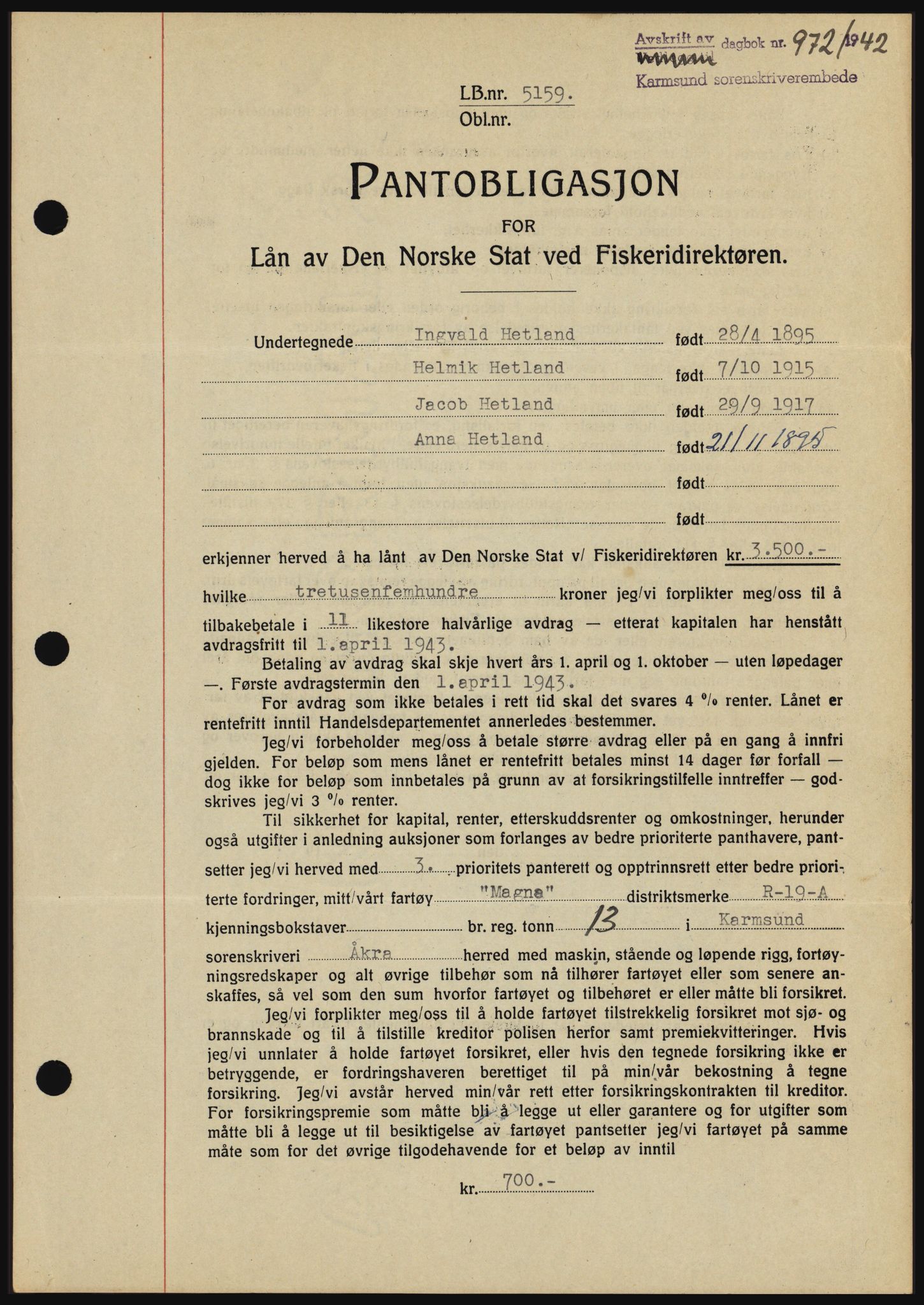Karmsund sorenskriveri, SAST/A-100311/01/II/IIBBE/L0008: Pantebok nr. B 54, 1942-1943, Dagboknr: 972/1942