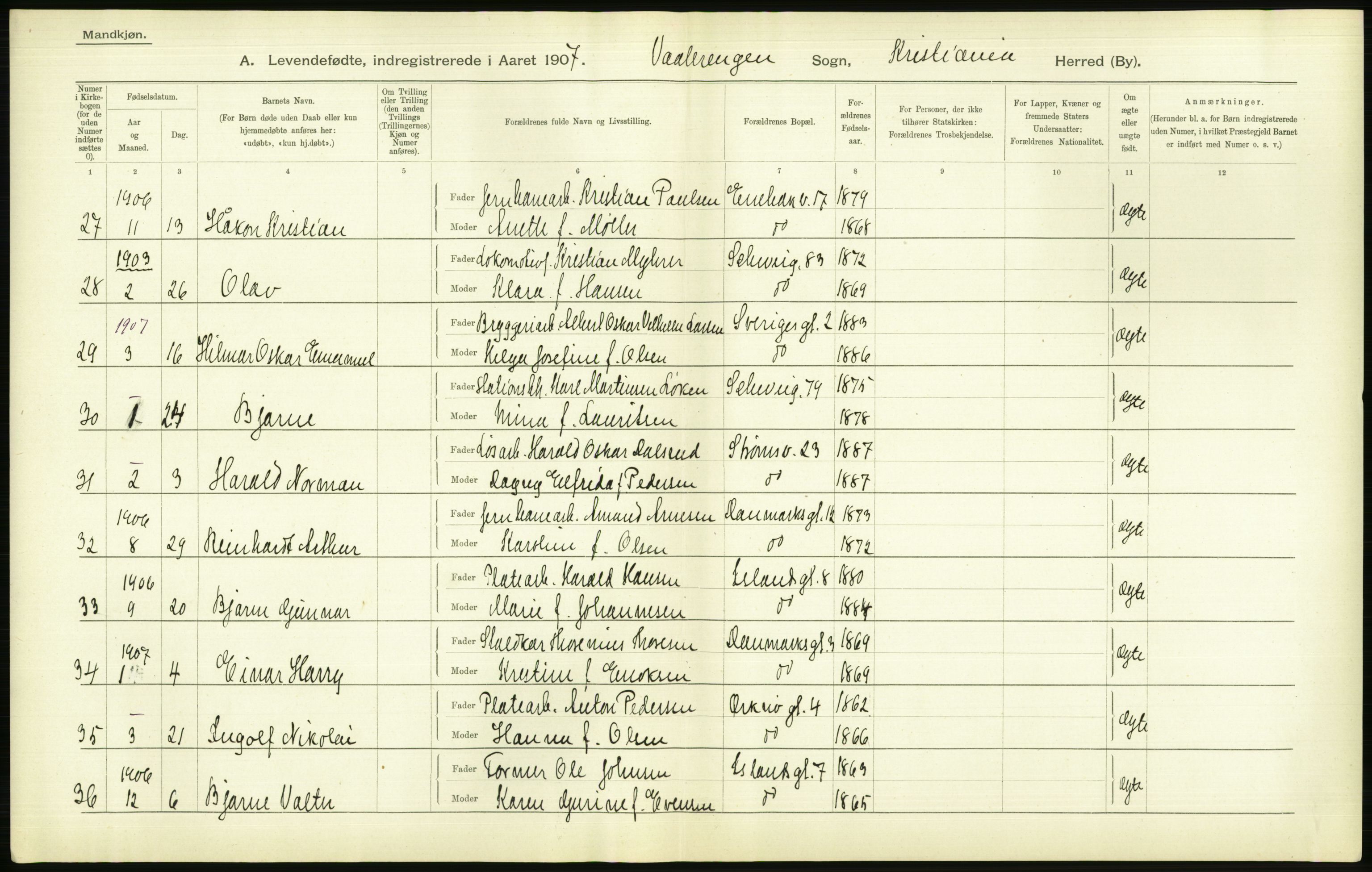 Statistisk sentralbyrå, Sosiodemografiske emner, Befolkning, AV/RA-S-2228/D/Df/Dfa/Dfae/L0007: Kristiania: Levendefødte menn og kvinner., 1907, s. 612