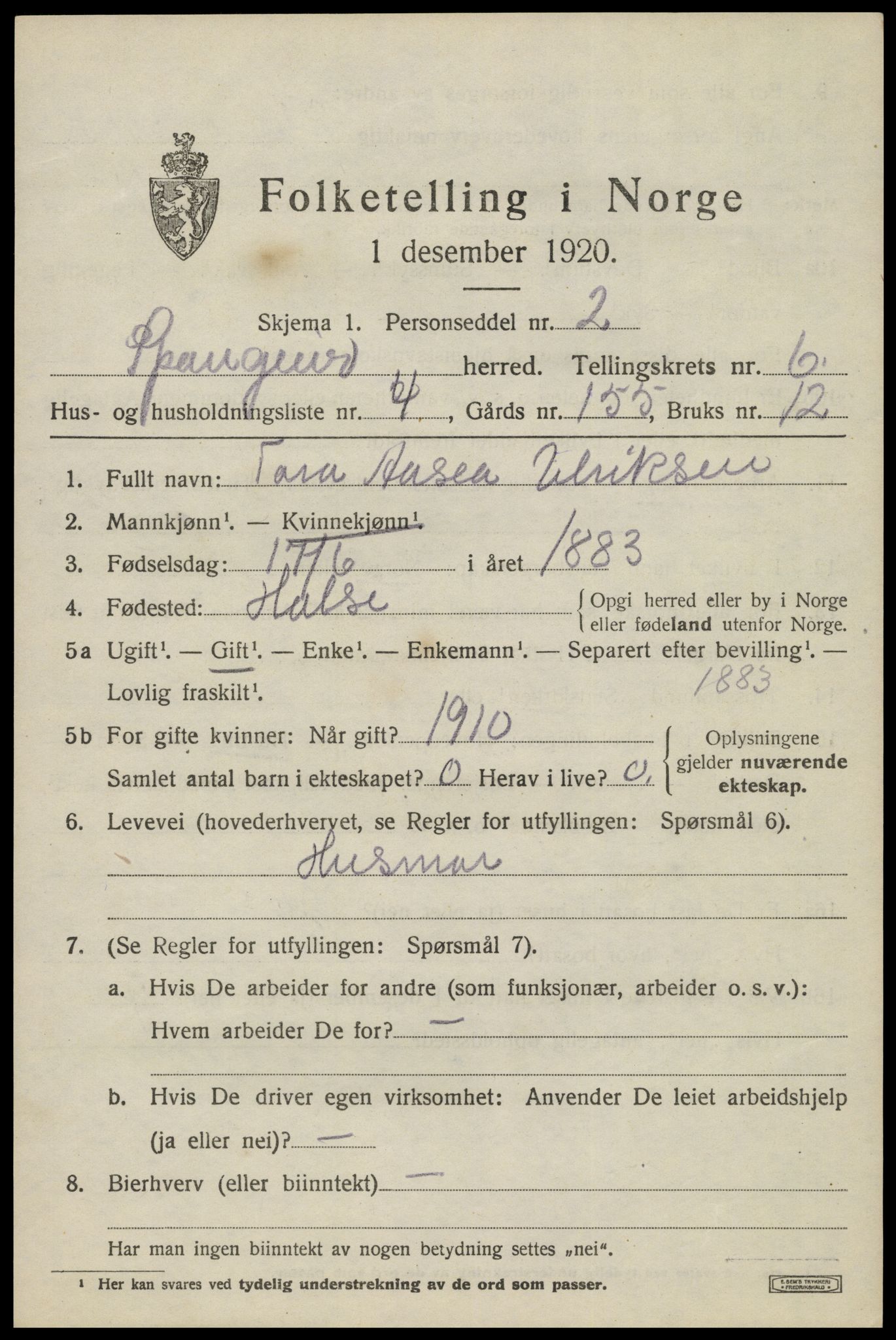 SAK, Folketelling 1920 for 1030 Spangereid herred, 1920, s. 2233