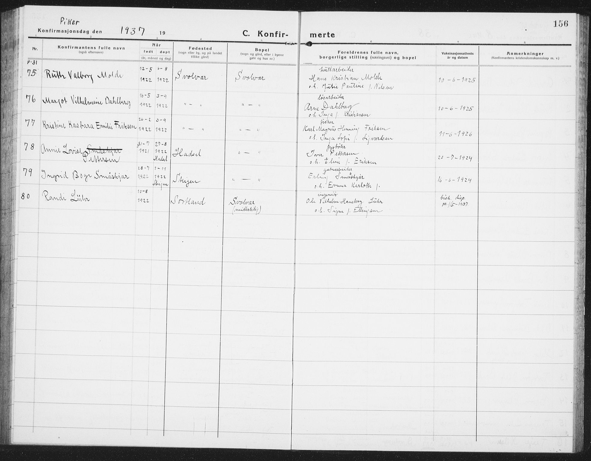 Ministerialprotokoller, klokkerbøker og fødselsregistre - Nordland, AV/SAT-A-1459/877/L1117: Klokkerbok nr. 877C01, 1923-1942, s. 156