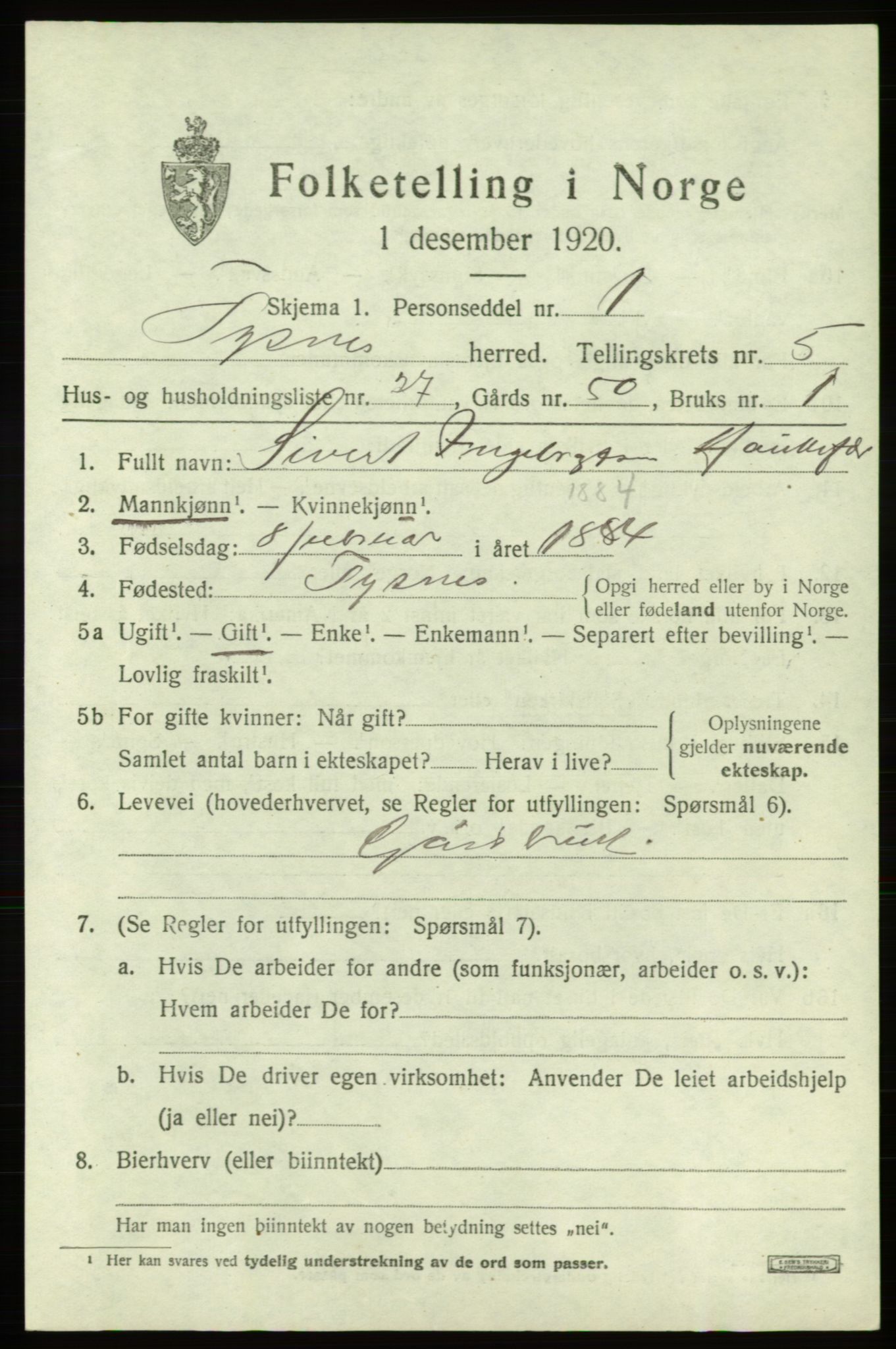 SAB, Folketelling 1920 for 1223 Tysnes herred, 1920, s. 4082