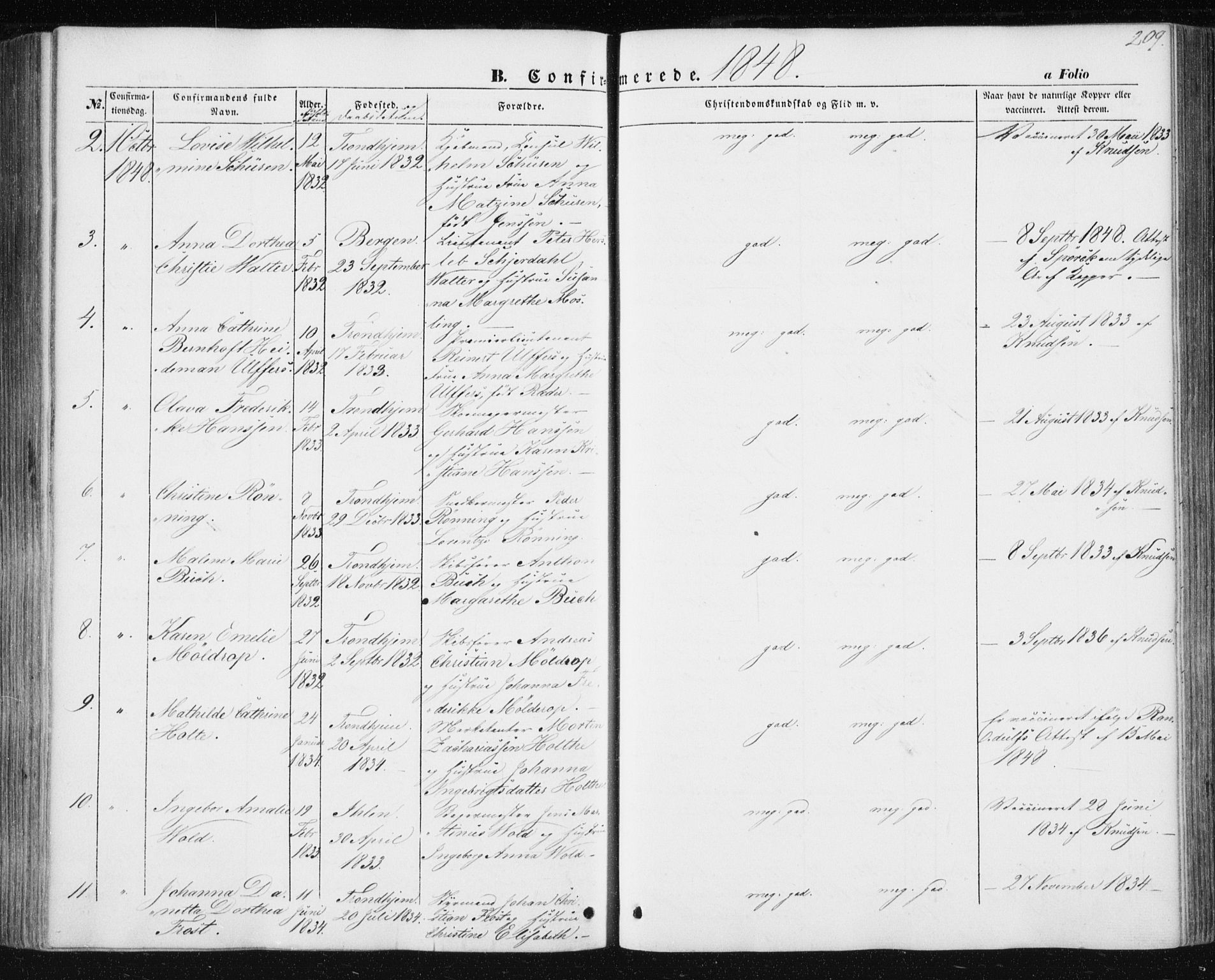 Ministerialprotokoller, klokkerbøker og fødselsregistre - Sør-Trøndelag, SAT/A-1456/602/L0112: Ministerialbok nr. 602A10, 1848-1859, s. 209