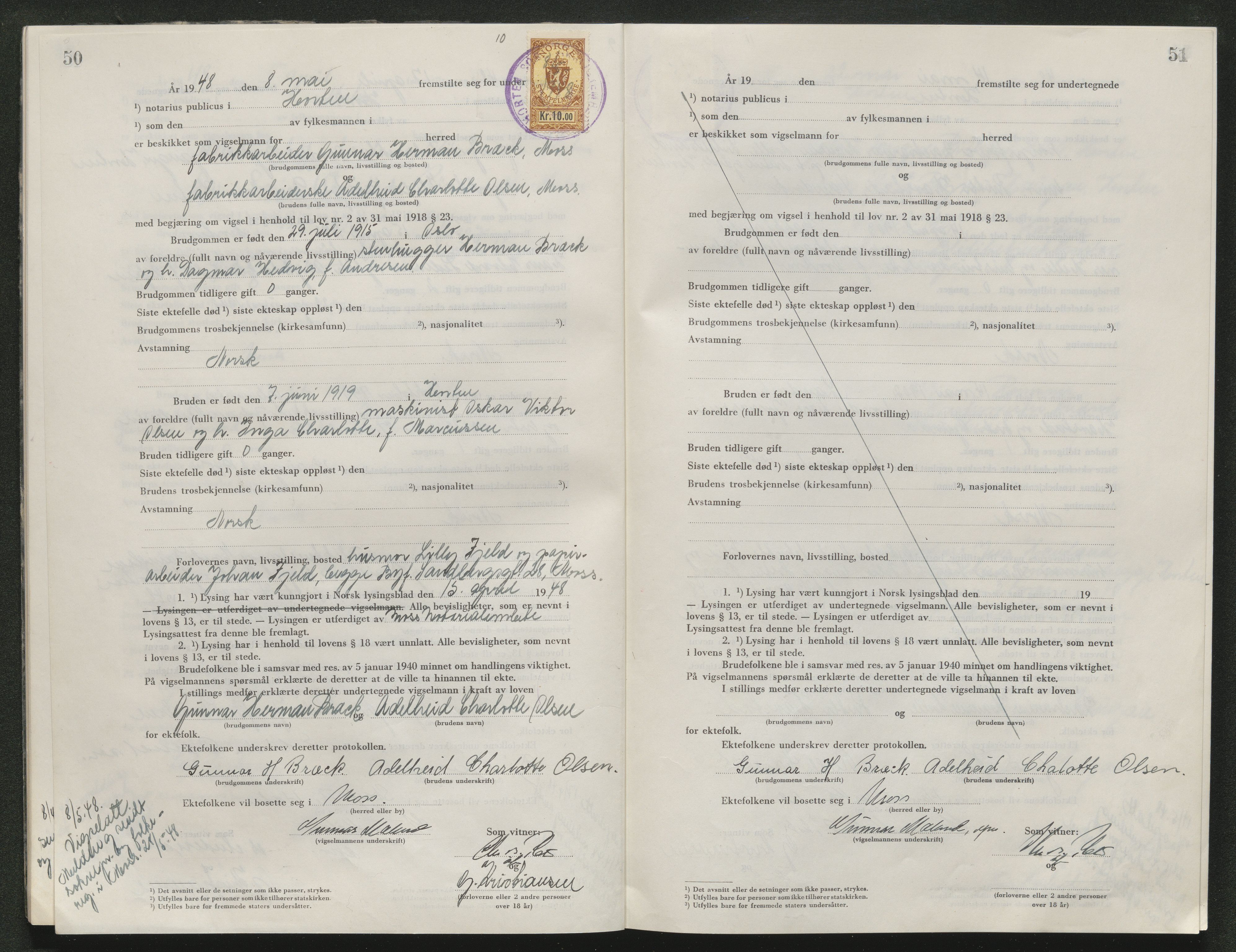 Horten sorenskriveri, AV/SAKO-A-133/L/Lc/L0004: Vigselsbok, 1946-1953, s. 50-51