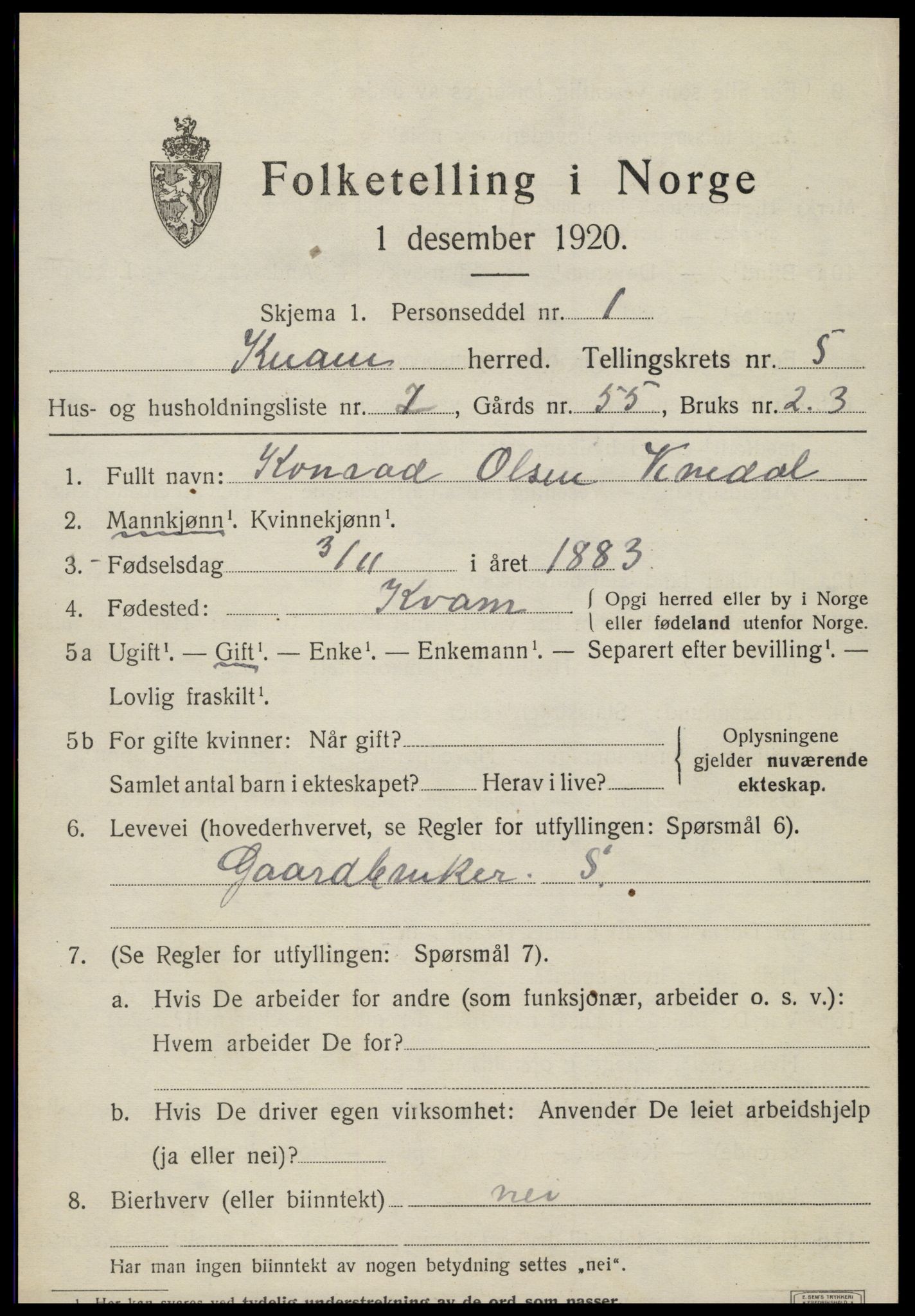 SAT, Folketelling 1920 for 1735 Kvam herred, 1920, s. 1395