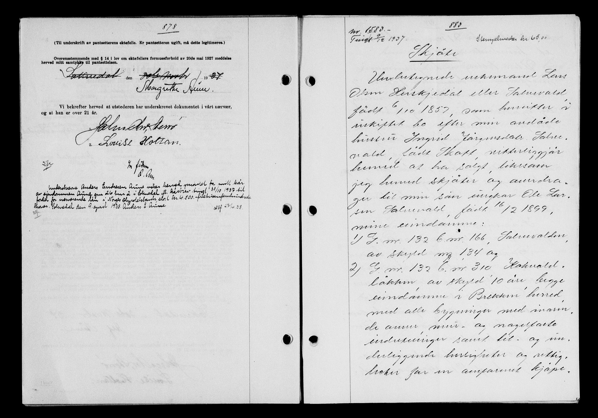Gauldal sorenskriveri, SAT/A-0014/1/2/2C/L0048: Pantebok nr. 51-52, 1937-1938, s. 878, Dagboknr: 1583/1937