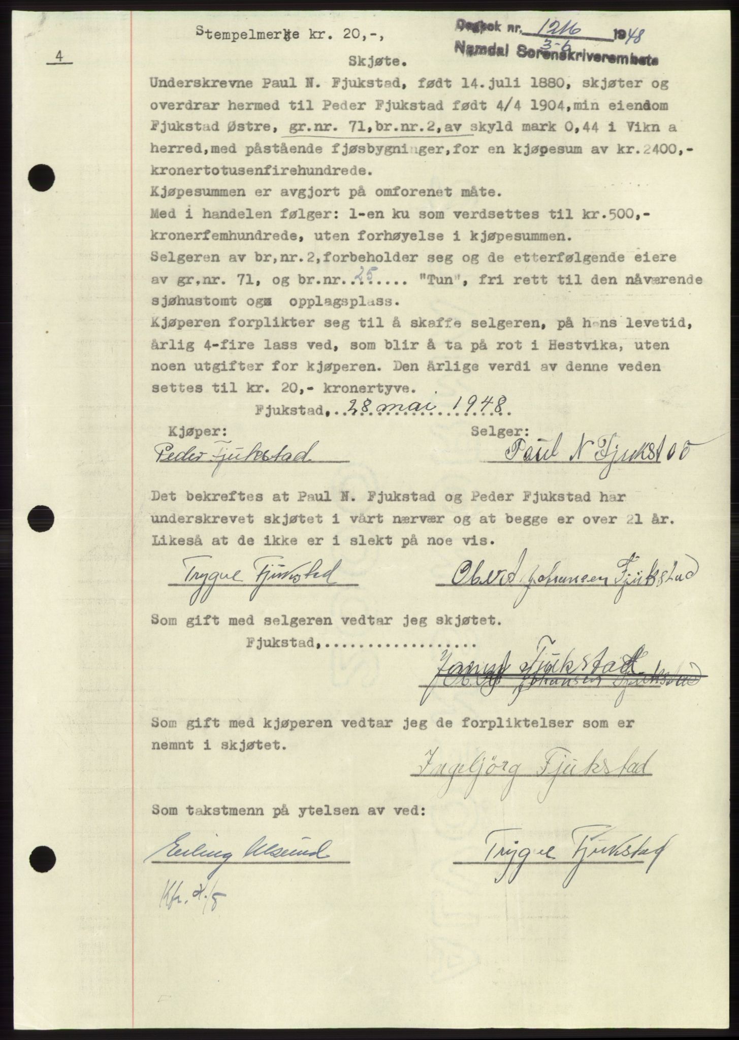 Namdal sorenskriveri, SAT/A-4133/1/2/2C: Pantebok nr. -, 1948-1948, Dagboknr: 1216/1948