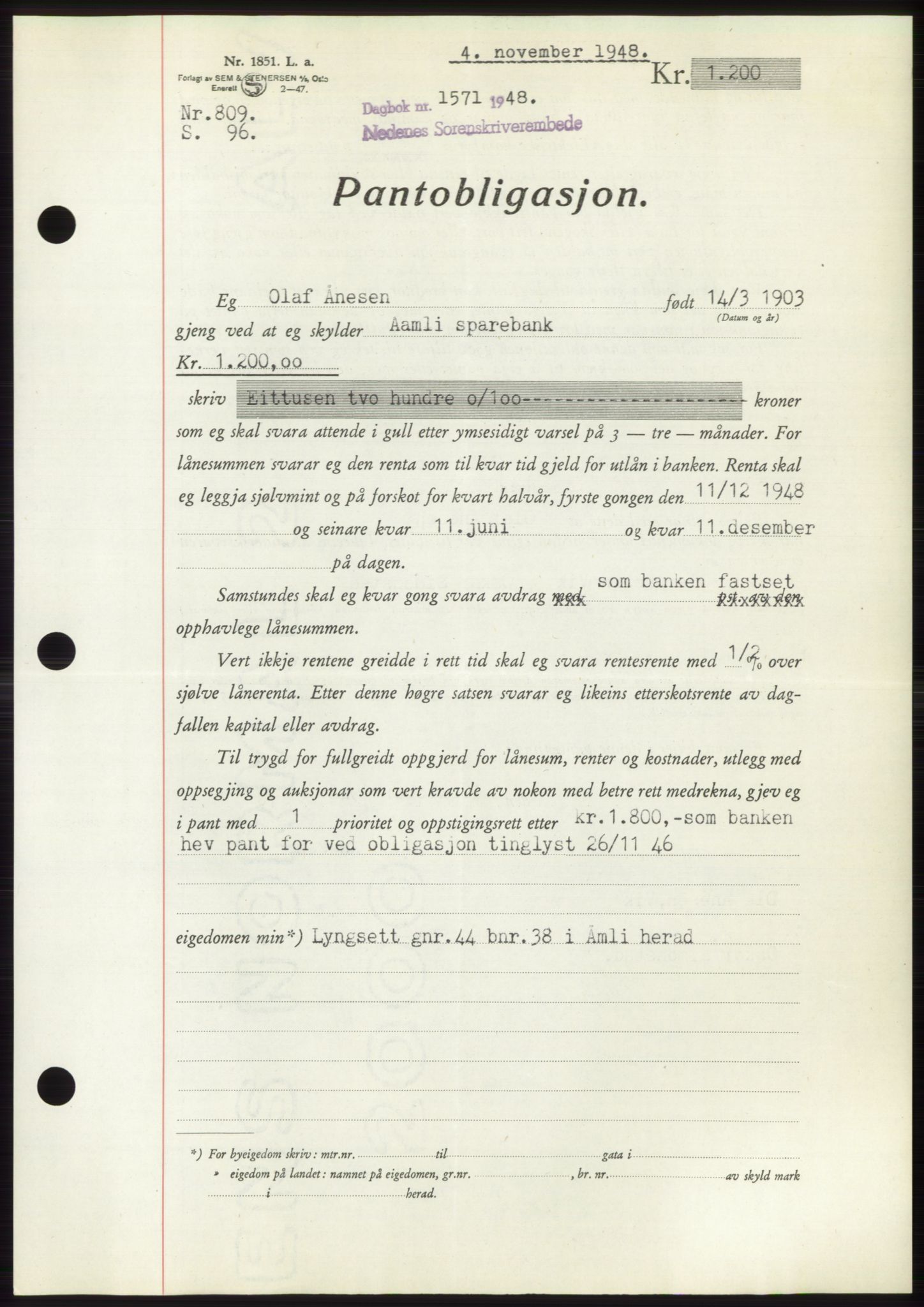 Nedenes sorenskriveri, AV/SAK-1221-0006/G/Gb/Gbb/L0005: Pantebok nr. B5, 1948-1948, Dagboknr: 1571/1948