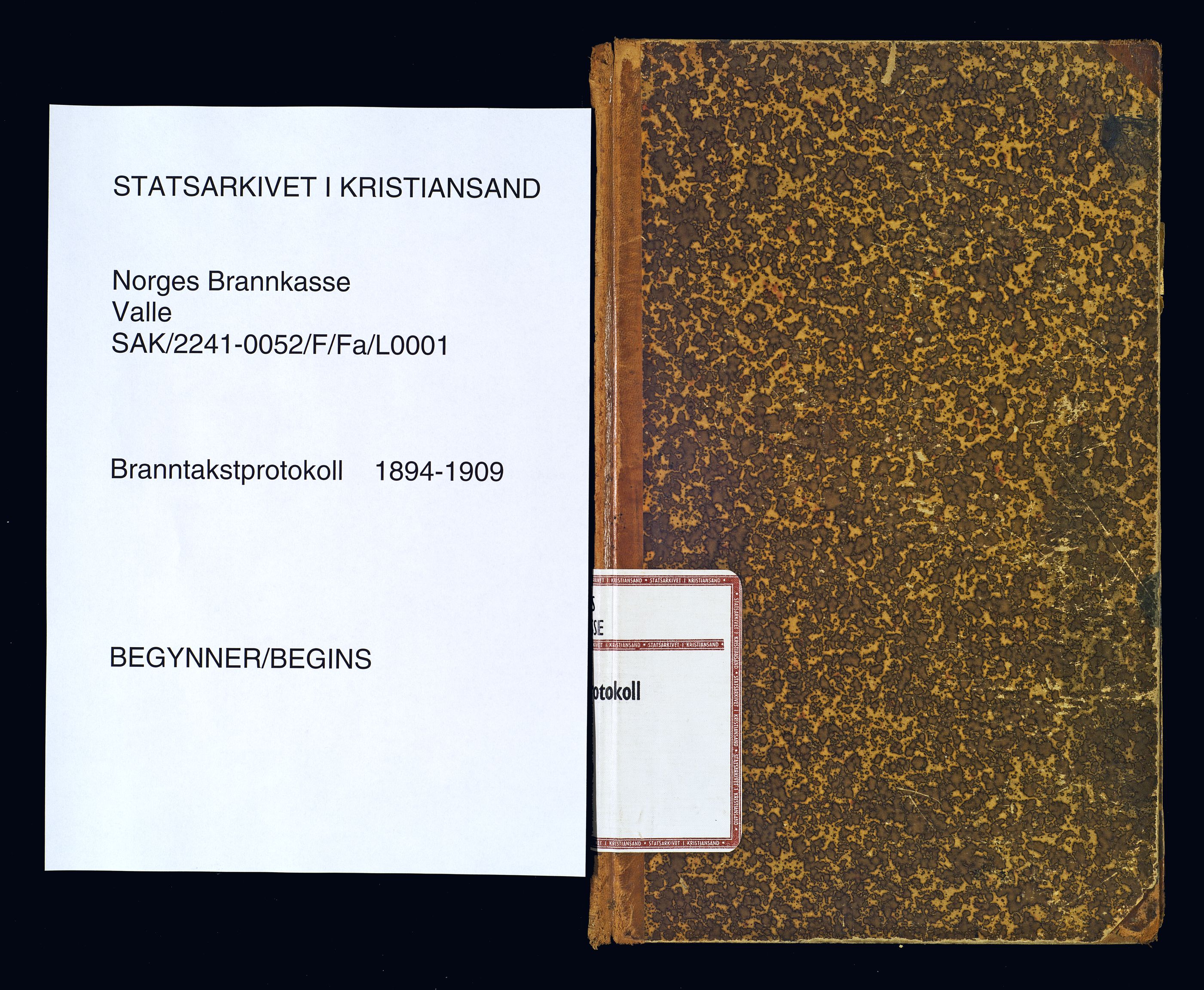 Norges Brannkasse Valle, SAK/2241-0052/F/Fa/L0001: Branntakstprotokoll nr. 1 med gårdsnavnregister, 1894-1909