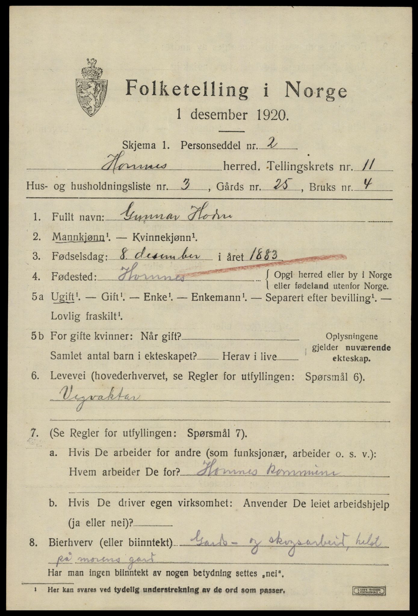 SAK, Folketelling 1920 for 0936 Hornnes herred, 1920, s. 2665
