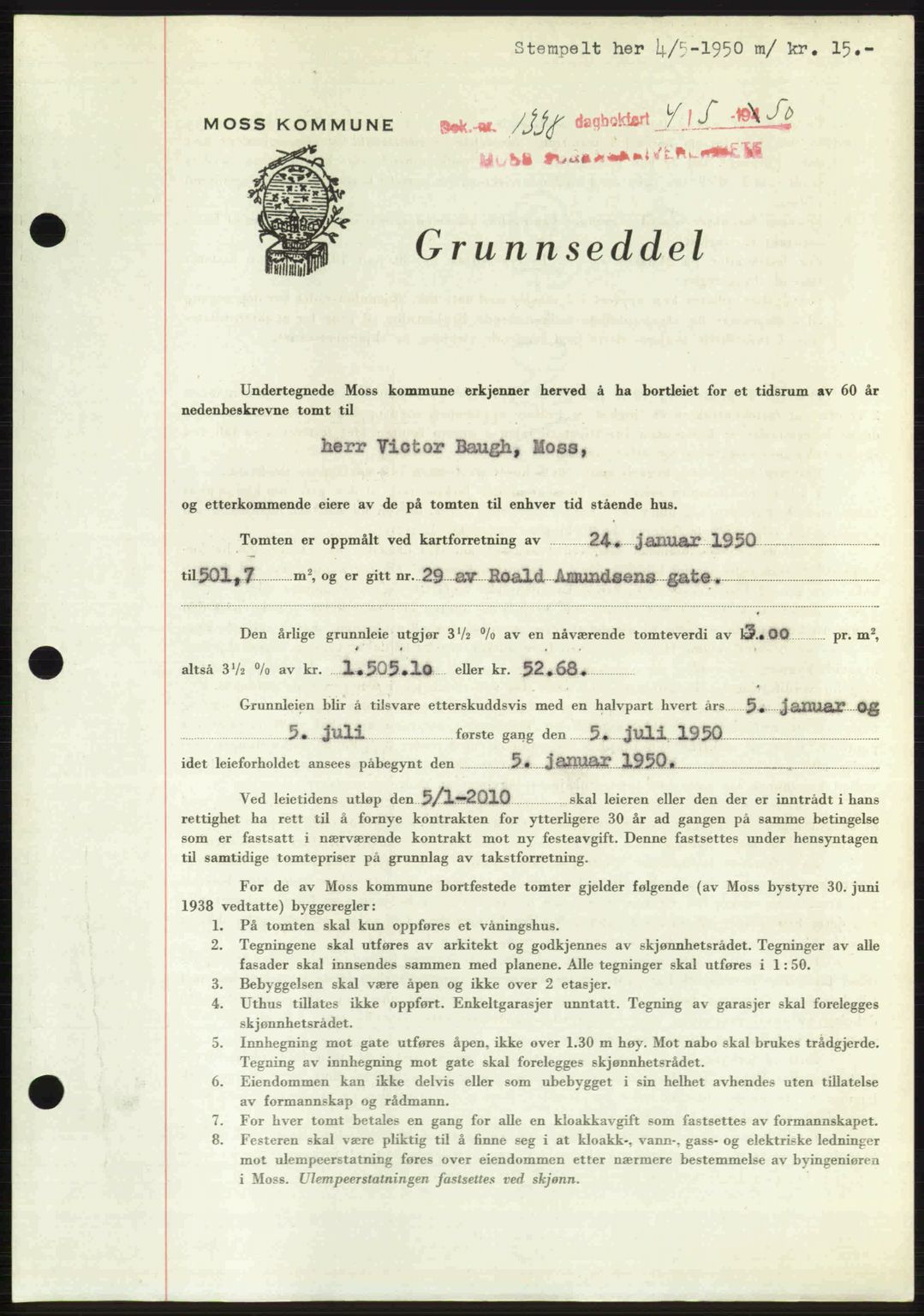 Moss sorenskriveri, SAO/A-10168: Pantebok nr. A26, 1950-1950, Dagboknr: 1338/1950