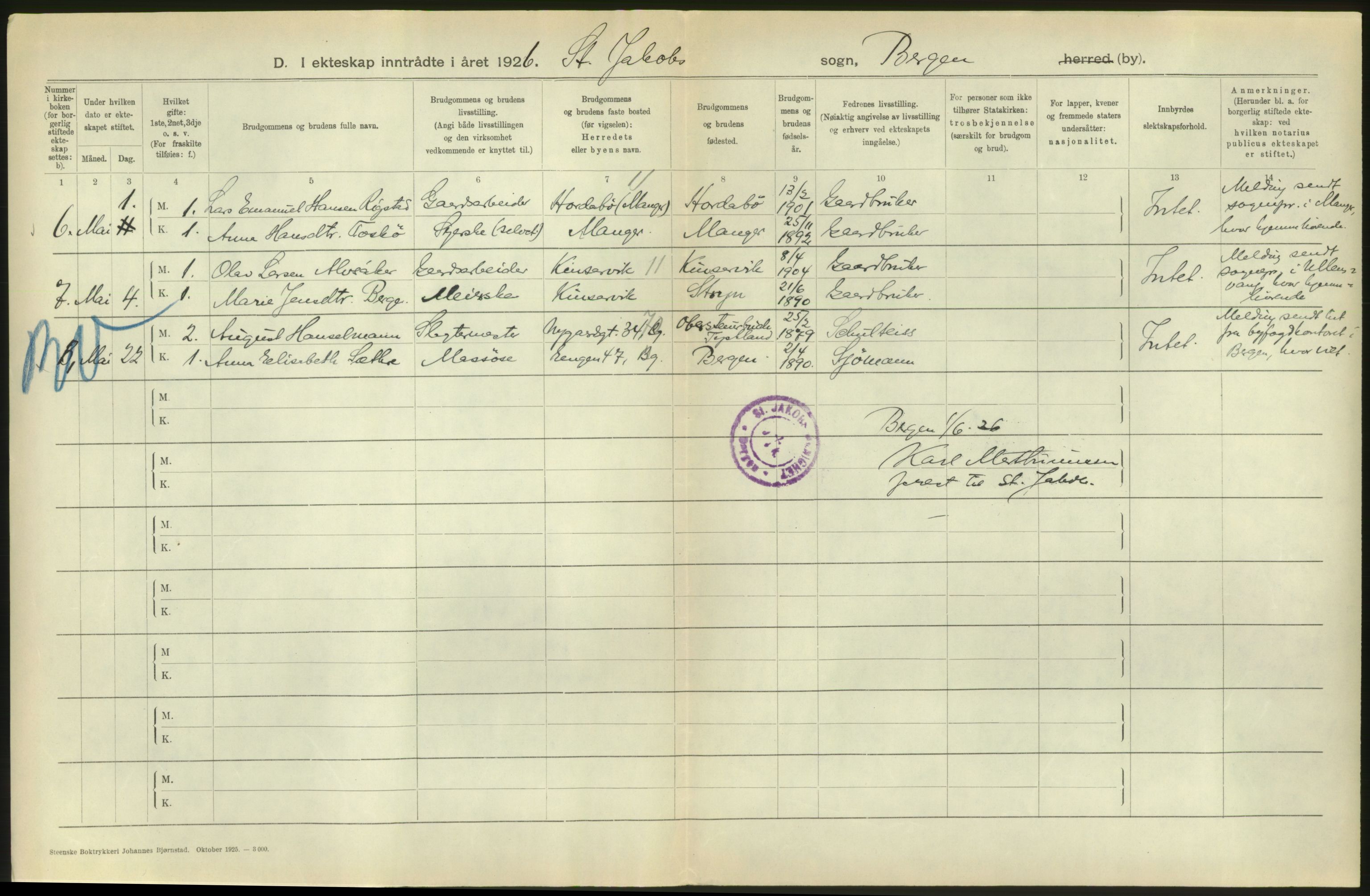 Statistisk sentralbyrå, Sosiodemografiske emner, Befolkning, RA/S-2228/D/Df/Dfc/Dfcf/L0028: Bergen: Gifte, døde, dødfødte., 1926, s. 30