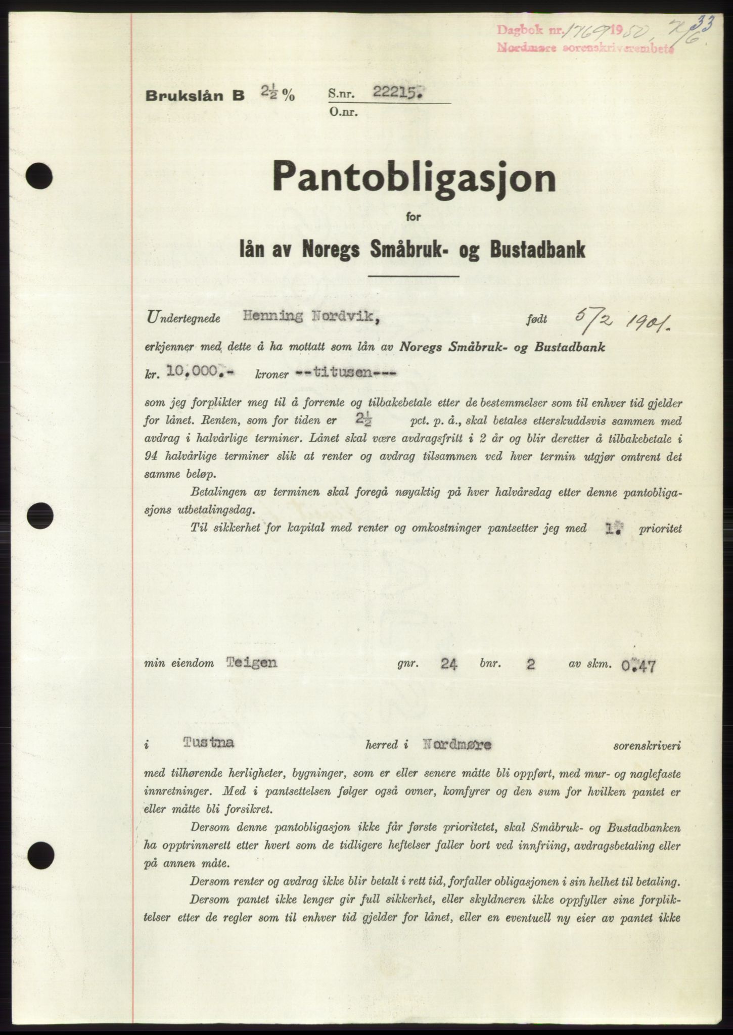 Nordmøre sorenskriveri, AV/SAT-A-4132/1/2/2Ca: Pantebok nr. B105, 1950-1950, Dagboknr: 1769/1950