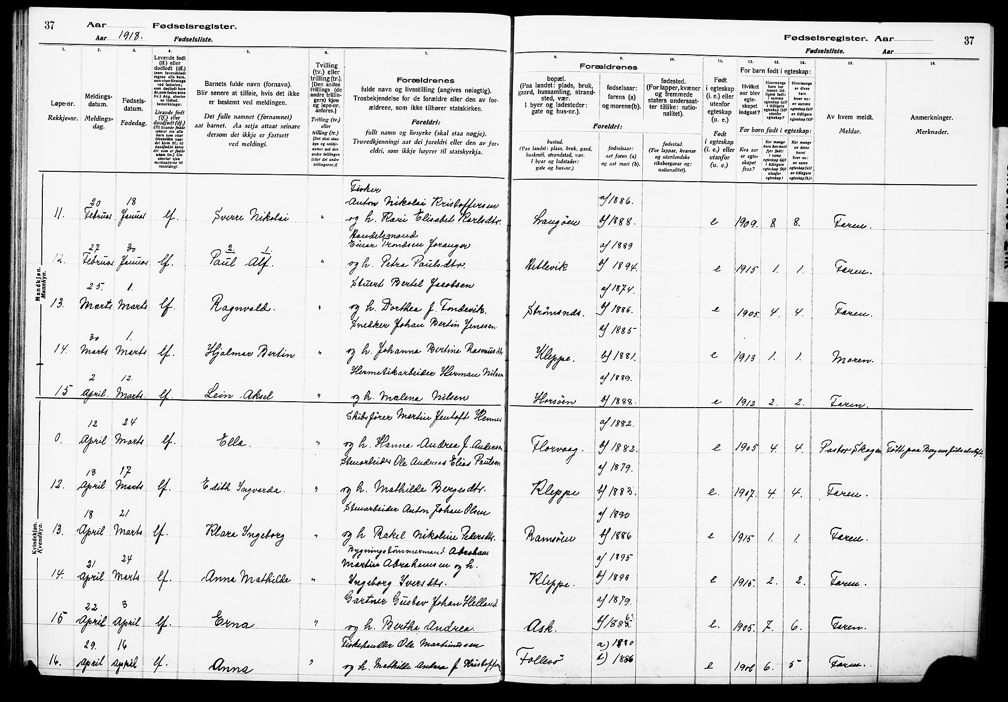 Askøy Sokneprestembete, AV/SAB-A-74101/I/Id/L00A1: Fødselsregister nr. A 1, 1916-1928, s. 37