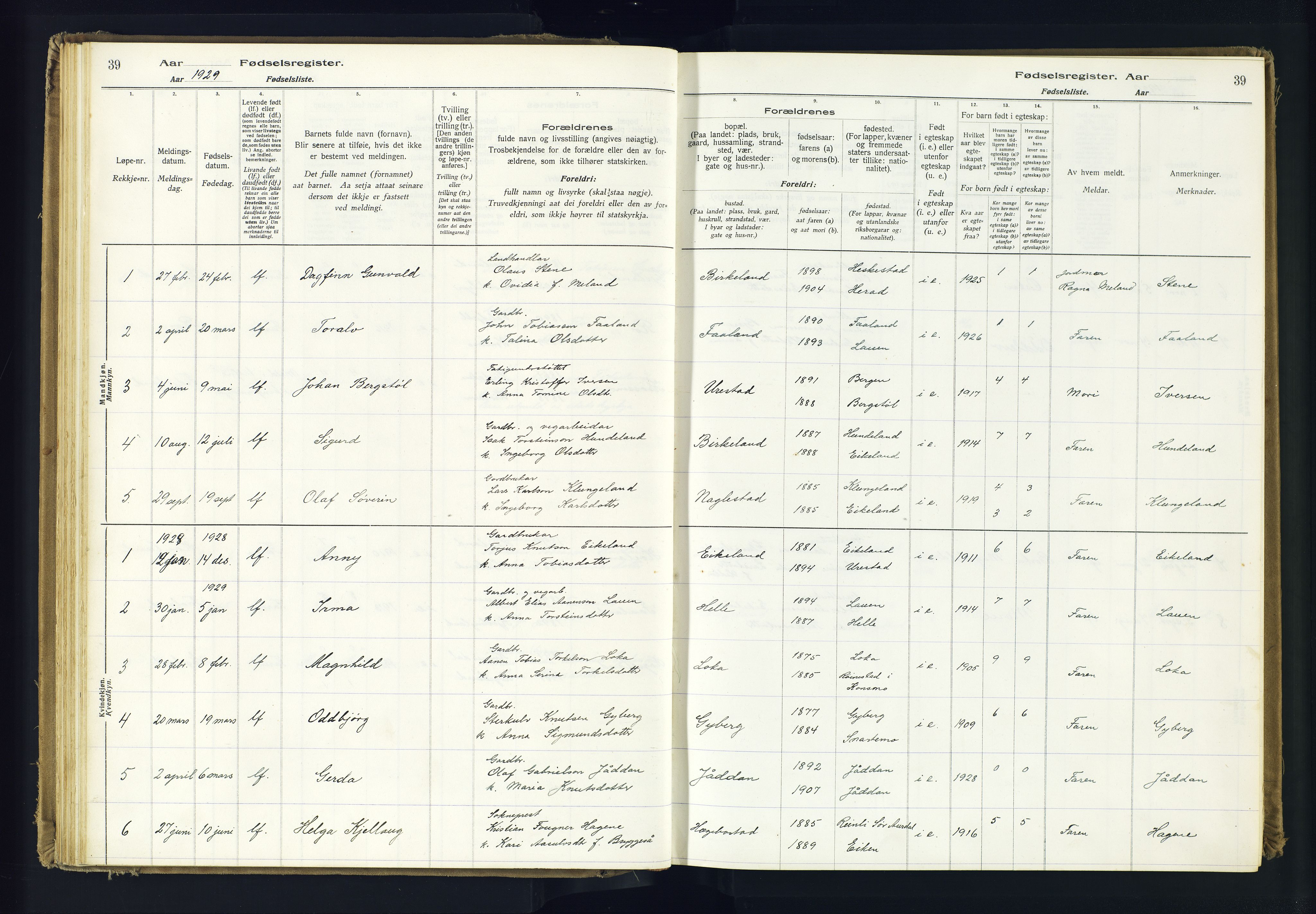 Hægebostad sokneprestkontor, SAK/1111-0024/J/Ja/L0001: Fødselsregister nr. II.6.7, 1916-1982, s. 39