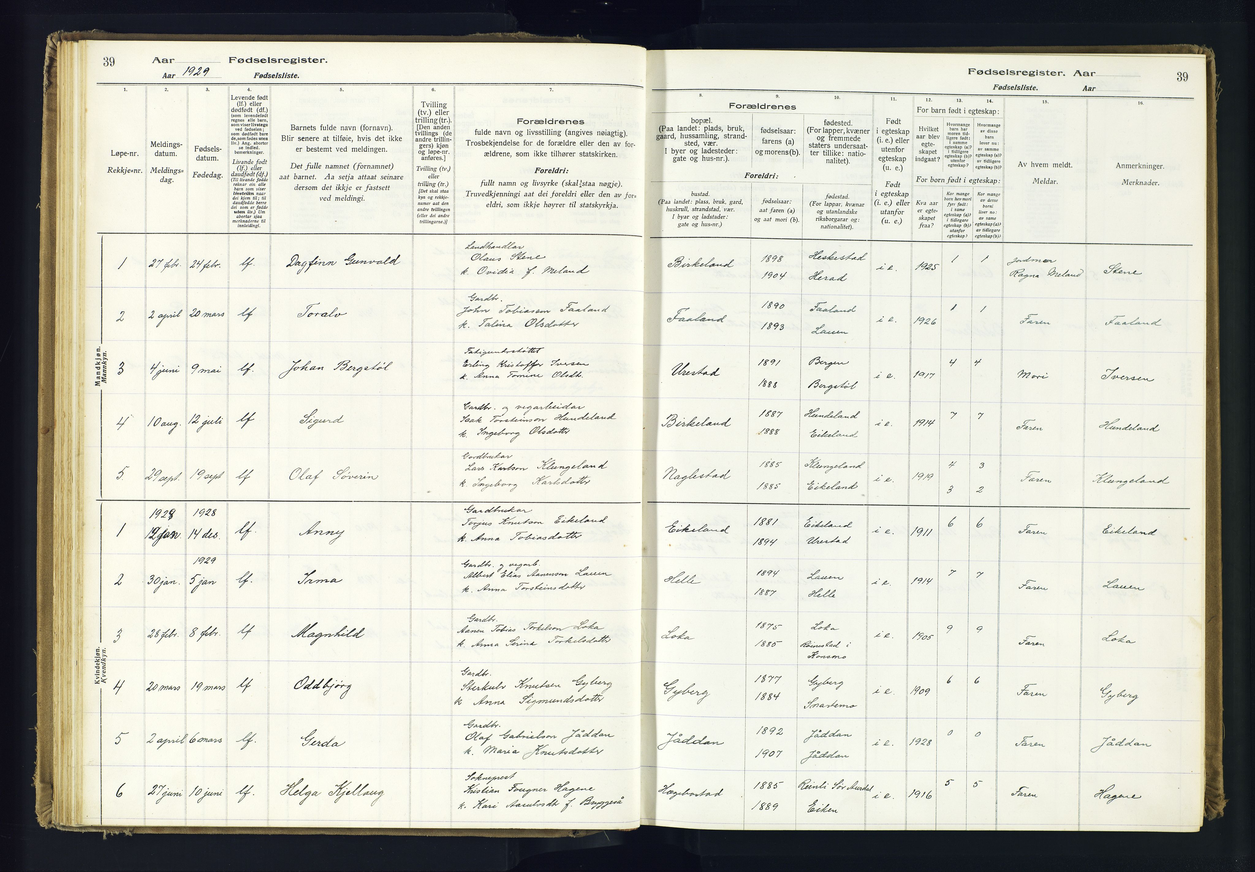 Hægebostad sokneprestkontor, AV/SAK-1111-0024/J/Ja/L0001: Fødselsregister nr. II.6.7, 1916-1982, s. 39